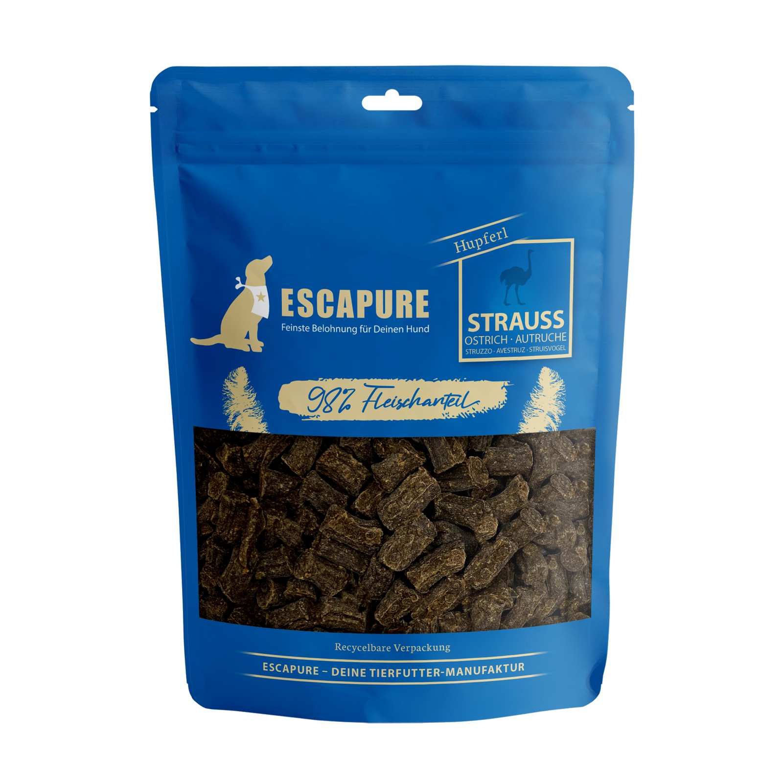 Blaue Verpackung Escapure Strauß-Hupferl Hundesnack, 98 Prozent Fleischanteil