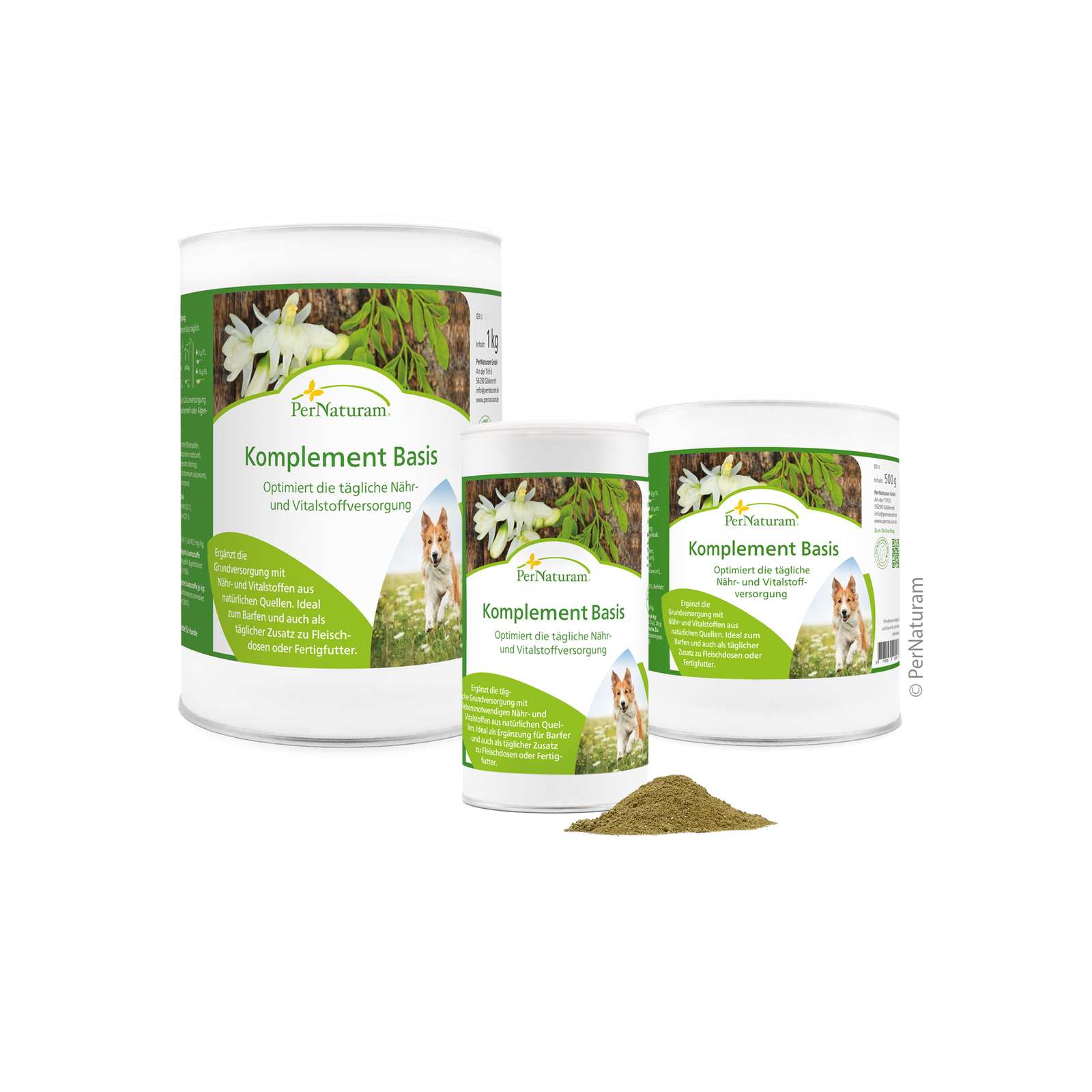 White tins with green lettering featuring moringa blossoms and a dog. Green powder in front of the tins.