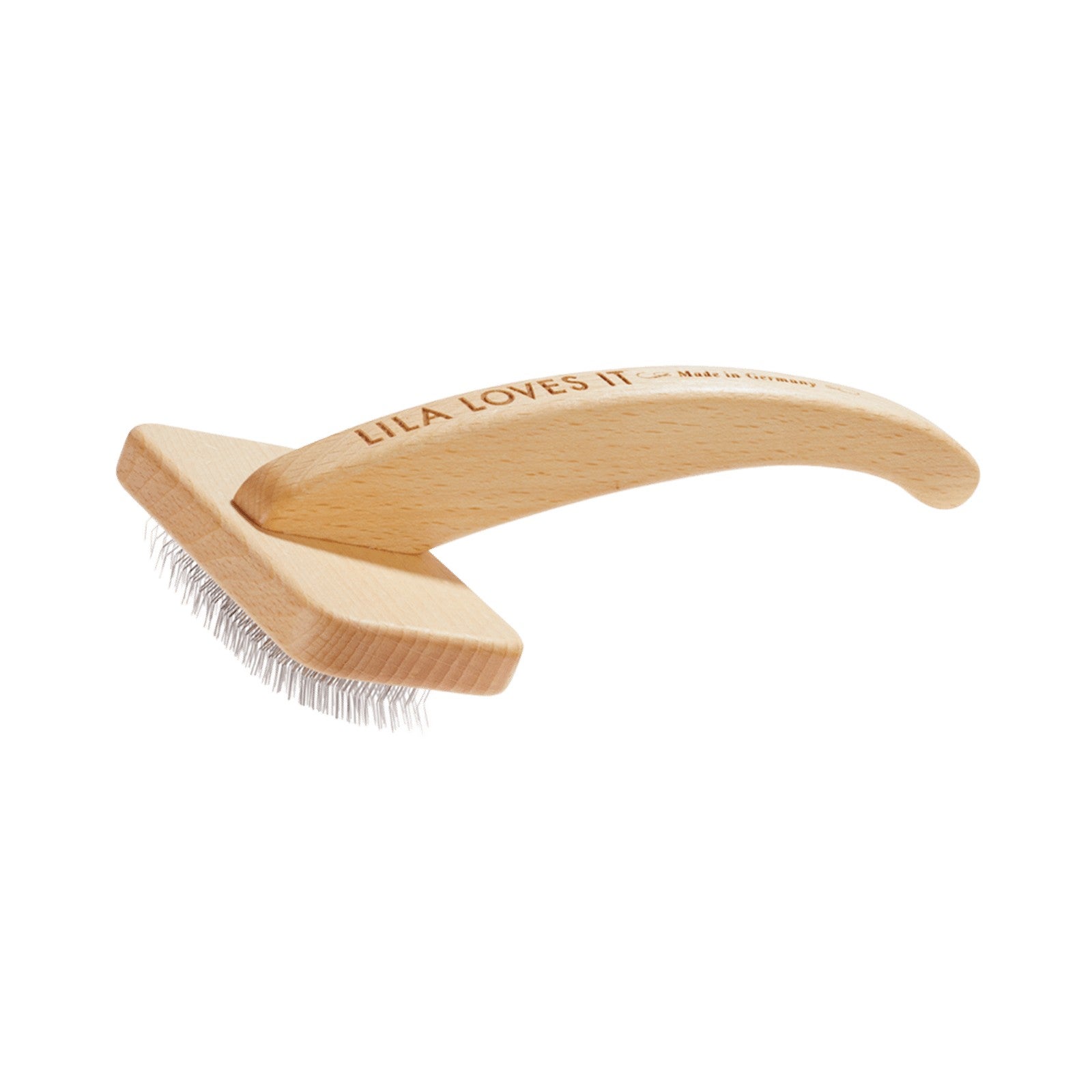 Curved wooden brush with fine metal pins