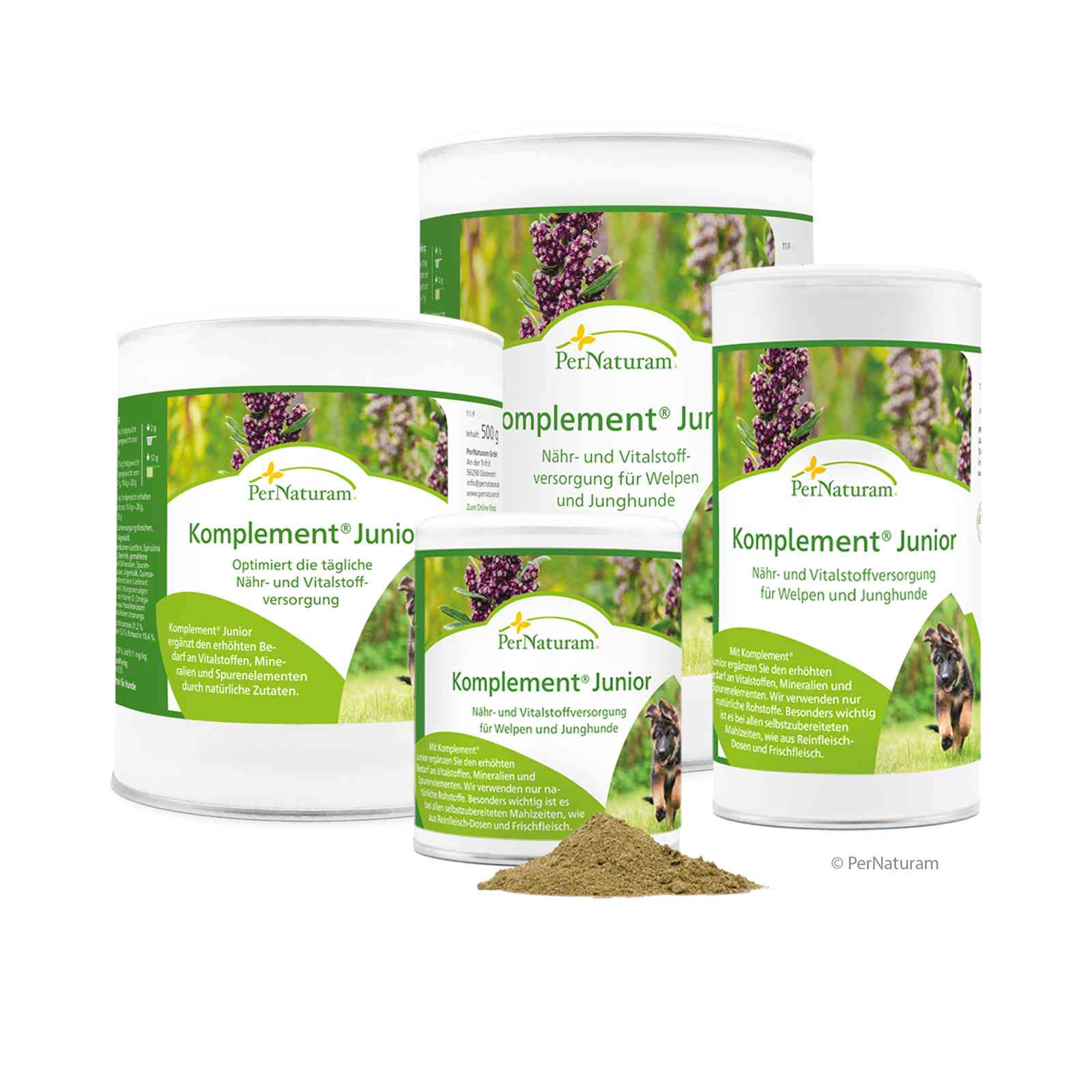 White tins with green lettering featuring agrimony blossoms and a puppy. Greenish powder in front of the tin.
