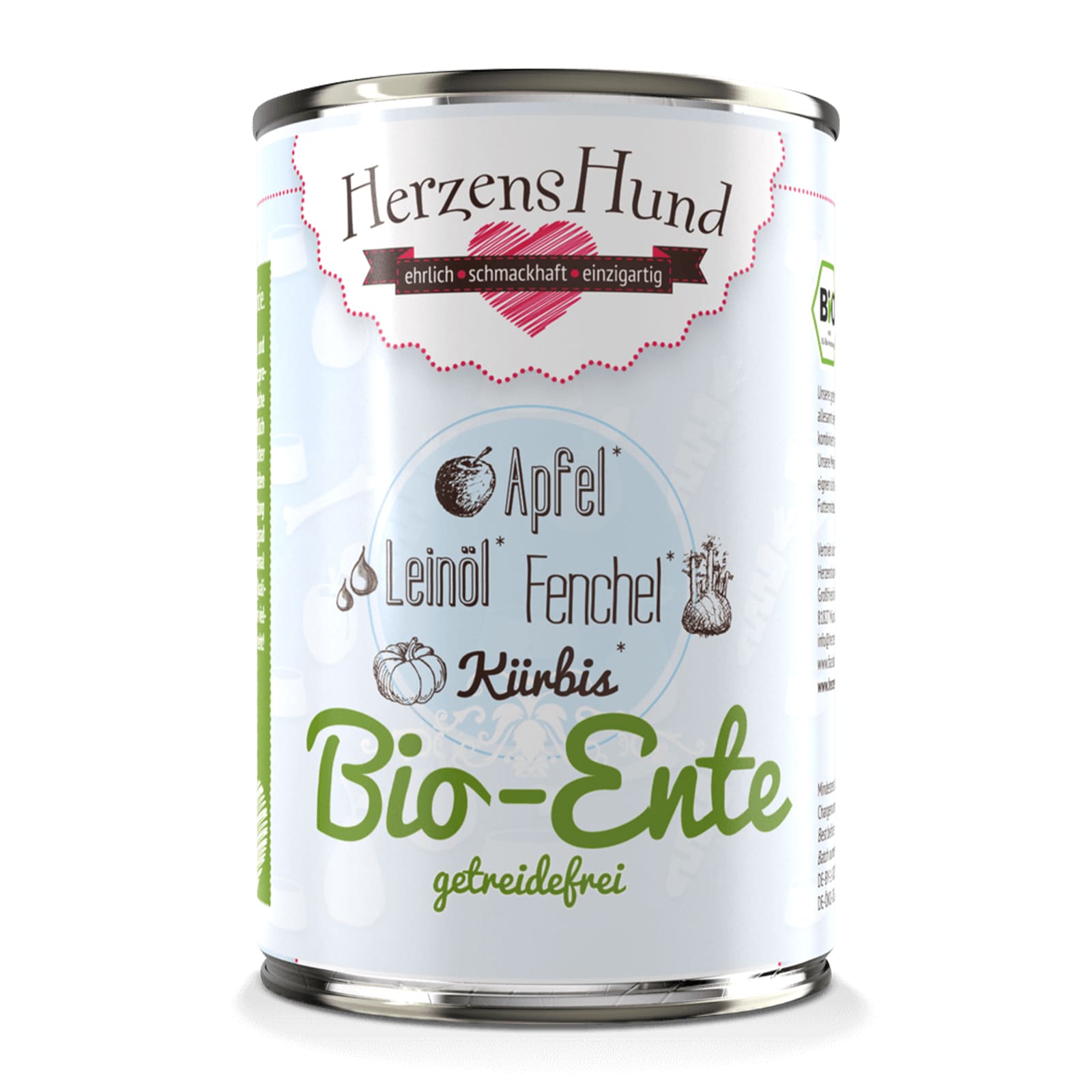 HerzensHund Bio Ente - Getreidefrei 400g Schmale Dose mit bläulichem Etikett