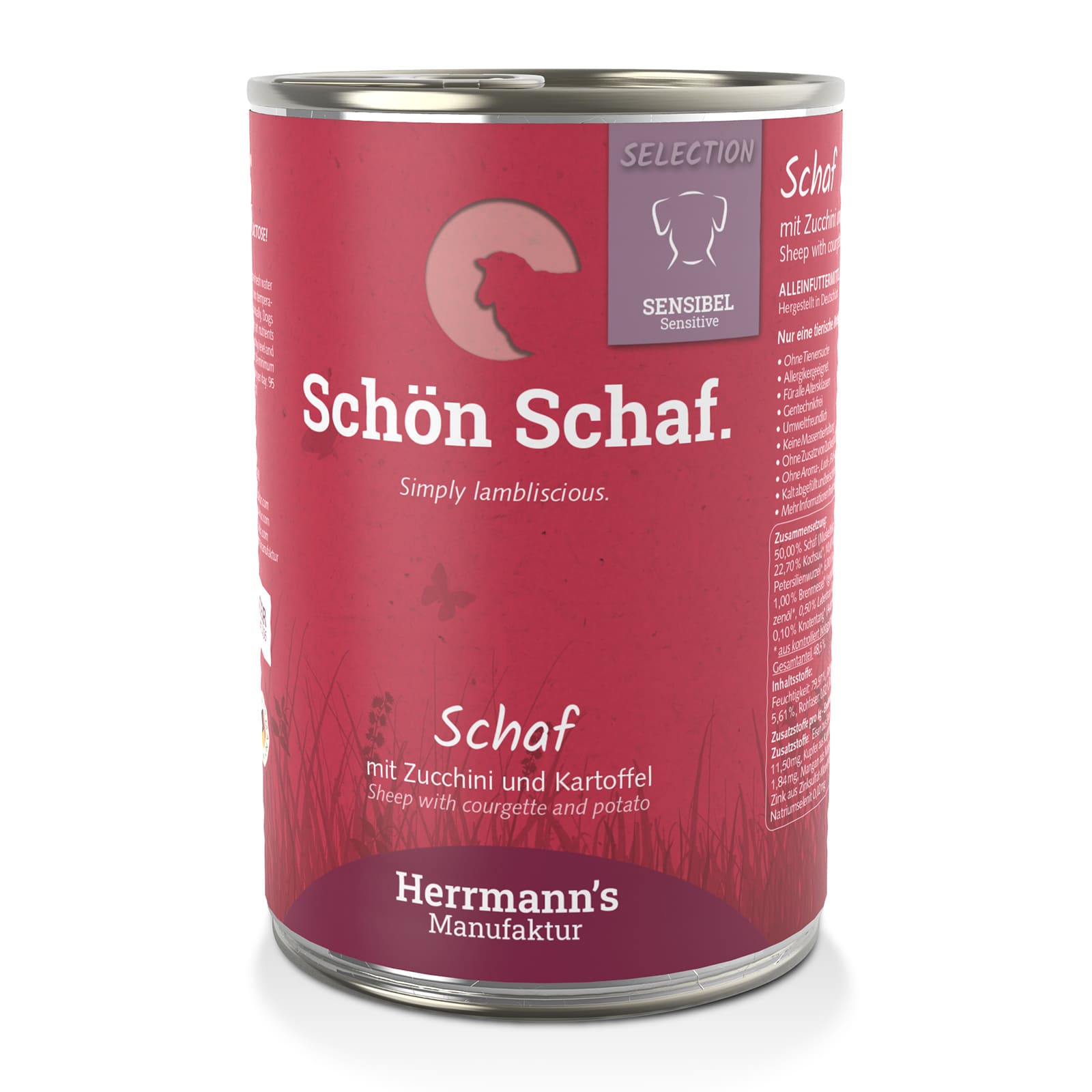 Schmale Hundefutter Dose, lila Etikett, Schaf