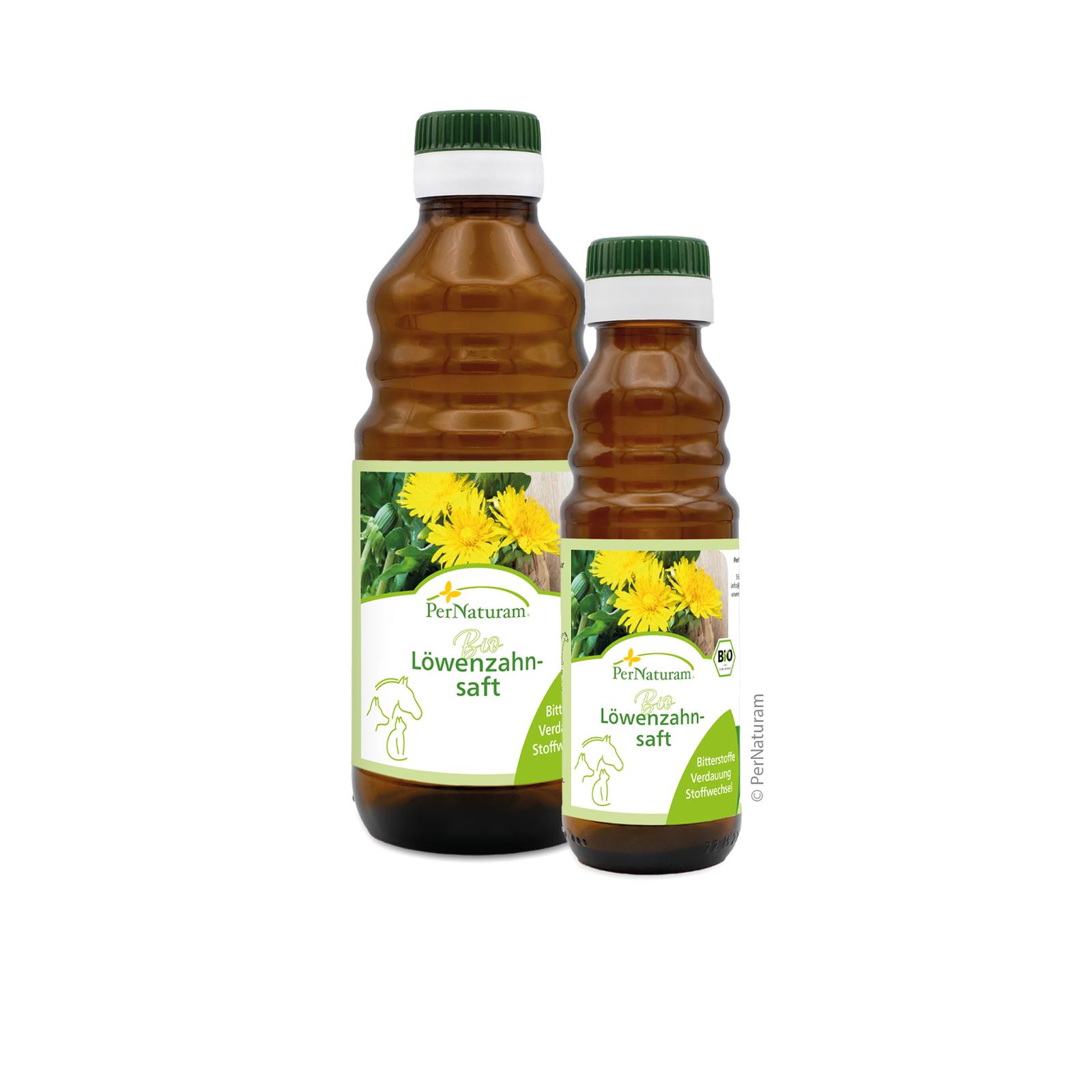 Two brown bottles with green cap, label featuring dandelion flowers.