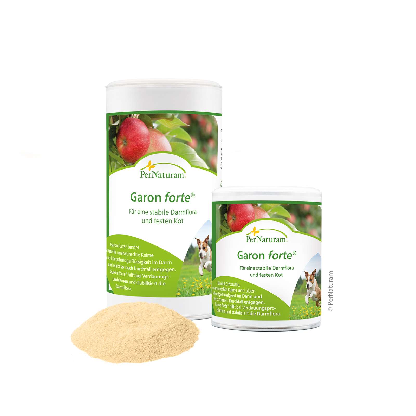 White tins with green lettering featuring apples and a dog. Beige powder in front of the tin.