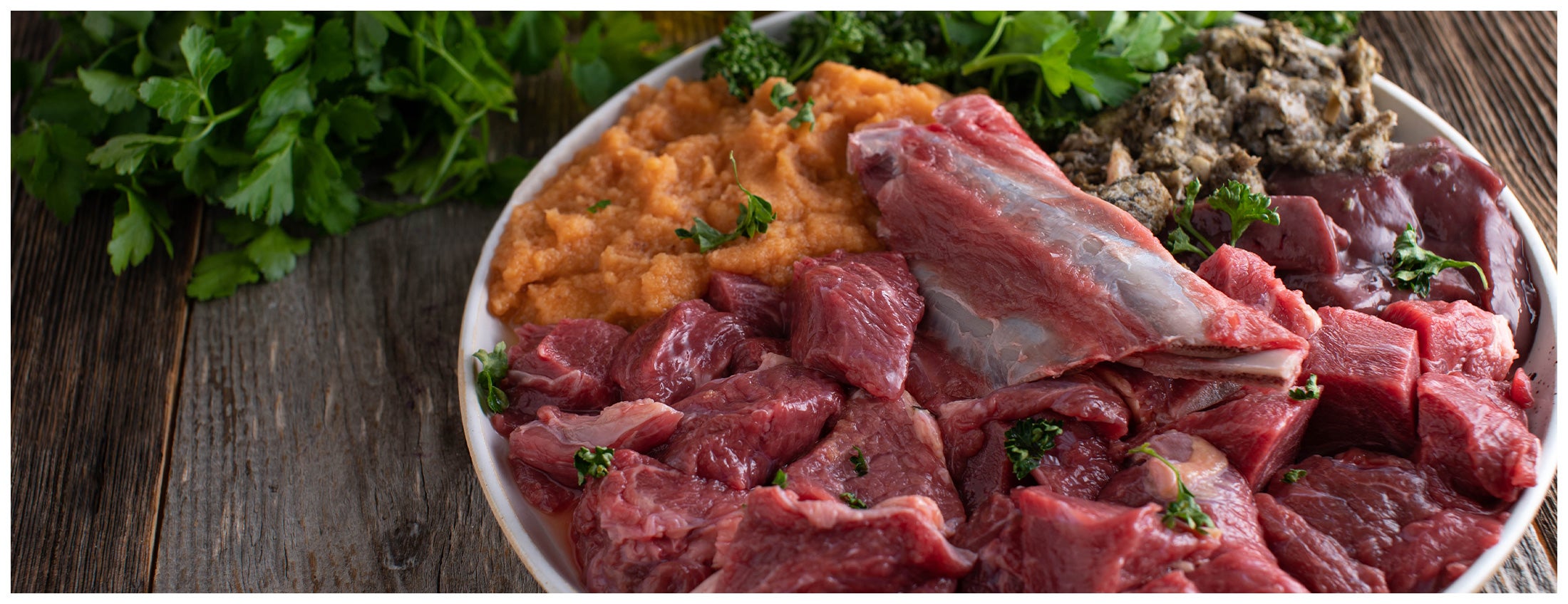 Journal Bild Beitrag Futter Fleisch mit Kürbis und Kräutern angerichtet auf einem Teller