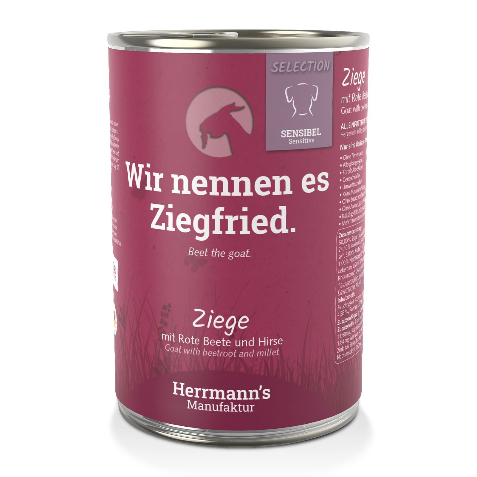 Schmale Hundefutter Dose, lila Etikett, Ziege