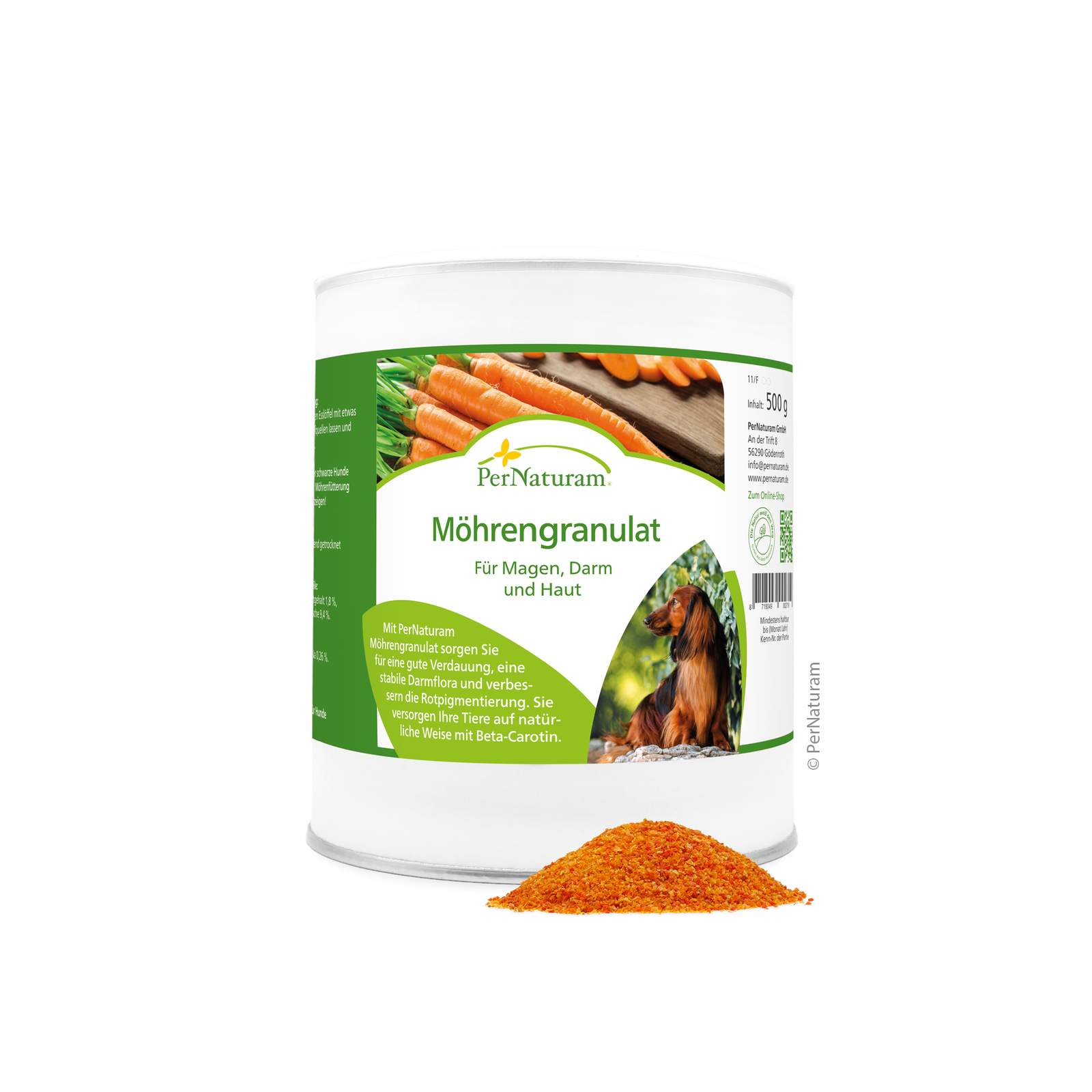 White tin with green lettering featuring carrots and a dog. Orange granules in front of the tin.