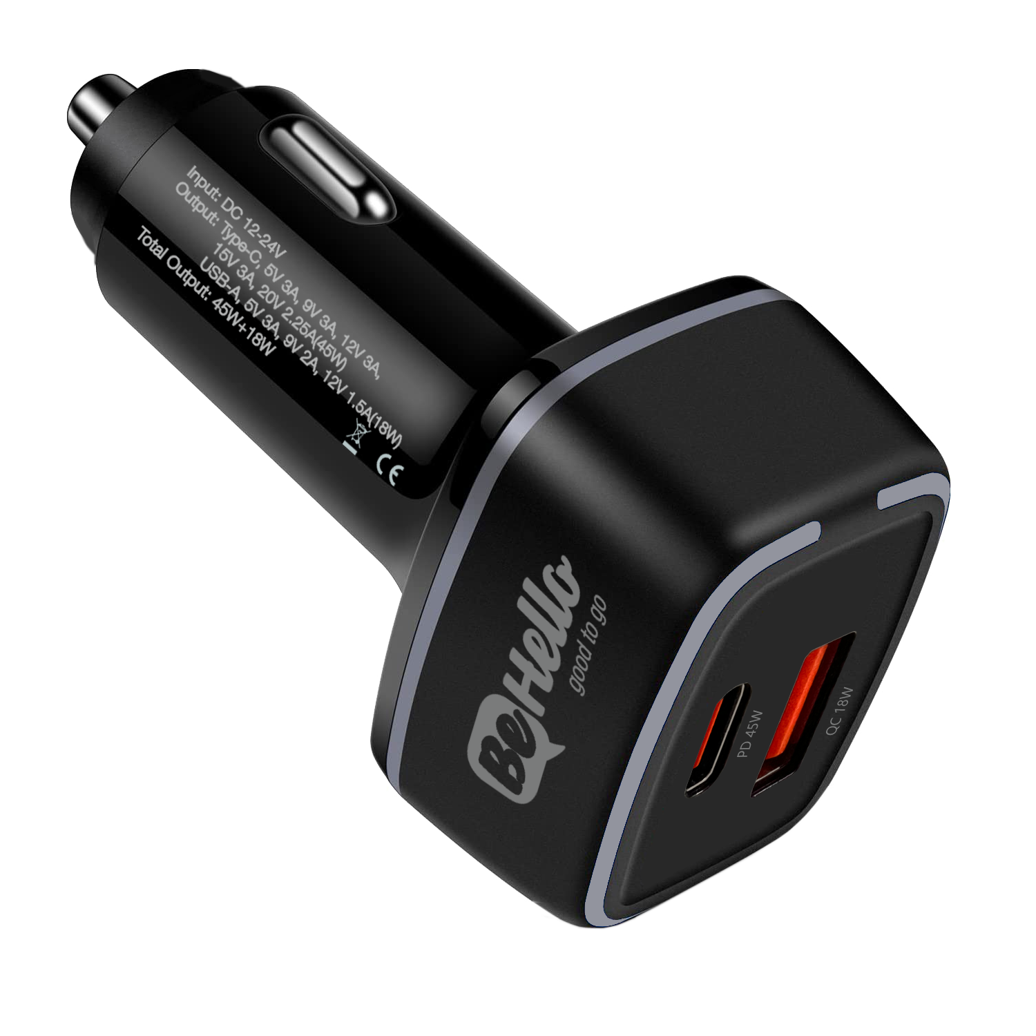 BeHello Autolader met 2 poorten 45W (USB-C en USB-A) zwart
