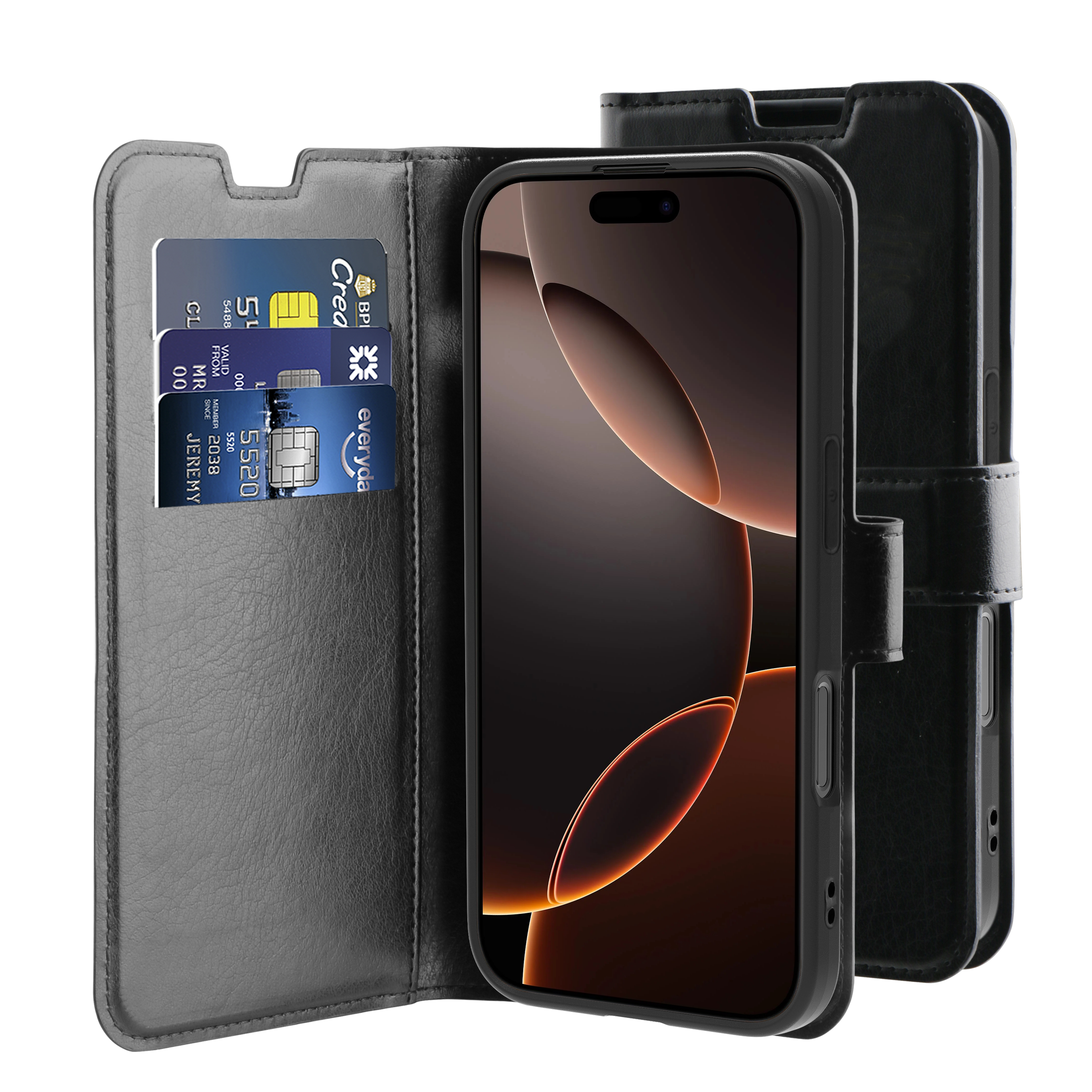 Behello iPhone 17 Pro Gel wallet case met magnetische ring zwart
