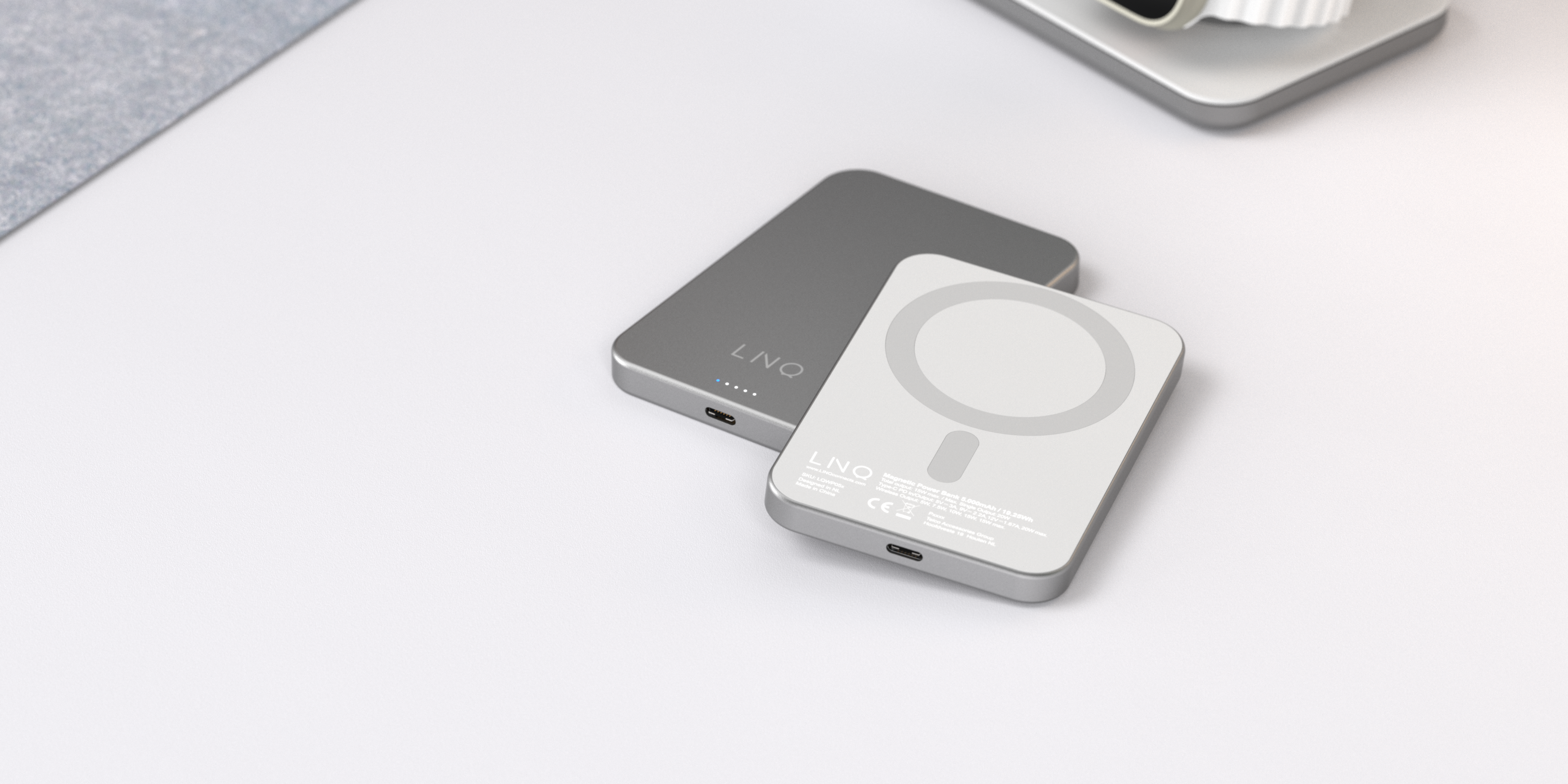 LINQ Draadloze powerbank met magnetische ring 5.000mAh grijs