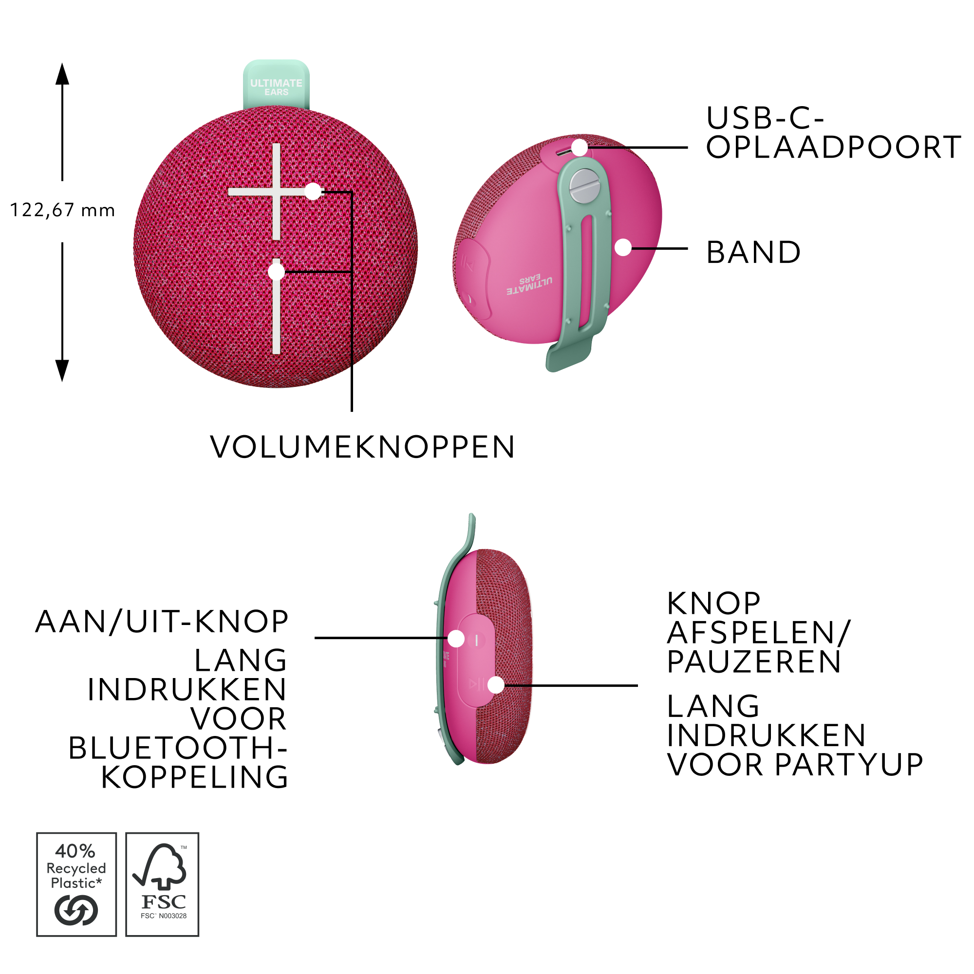 Ultimate Ears Miniroll bluetooth speaker roze