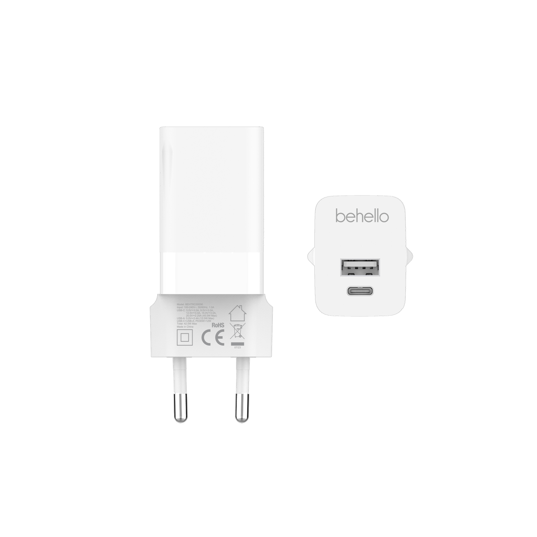 BeHello Oplader 45W met 2 poorten (USB-C en USB-A) wit