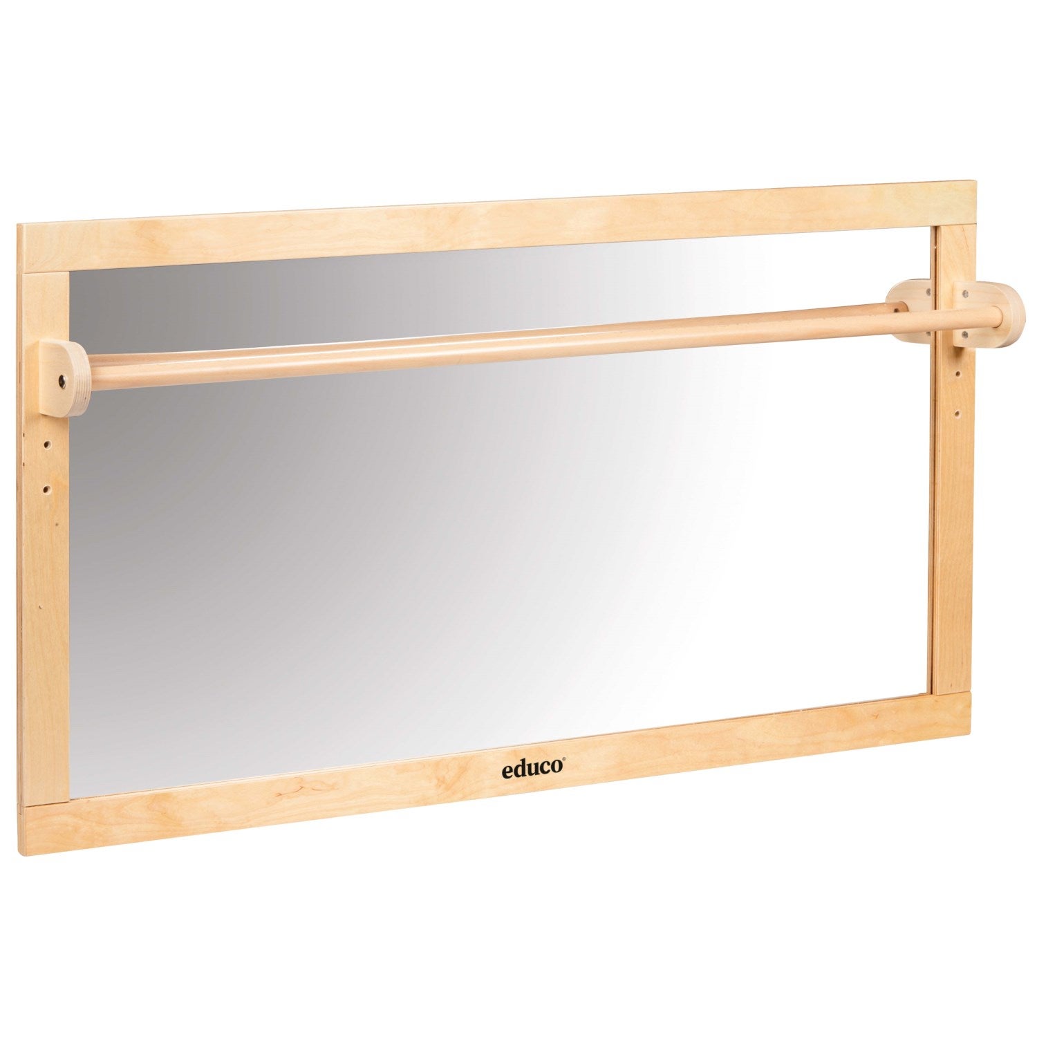 Holzspiegel mit Lauflernstange, Holzrahmen, Spiegel aus Acryl-Sicherheitsglas aus der Kategorie Spiegelelemente