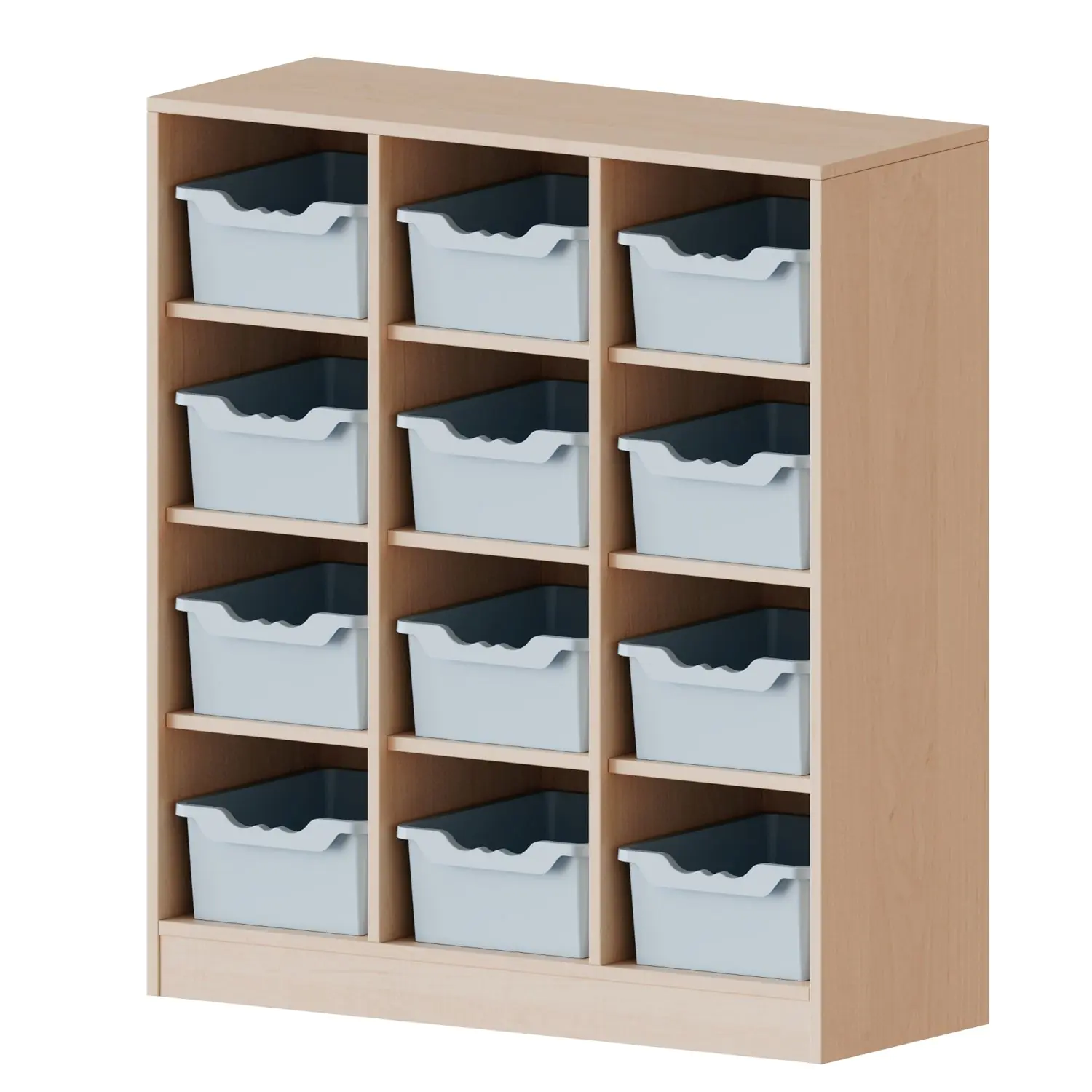 Taschenregal, 3 OH, 12 halbhohe Fächer, je mit einer hohen Box, B/H/T 104,5x118x40cm aus der Kategorie Schulranzenregale