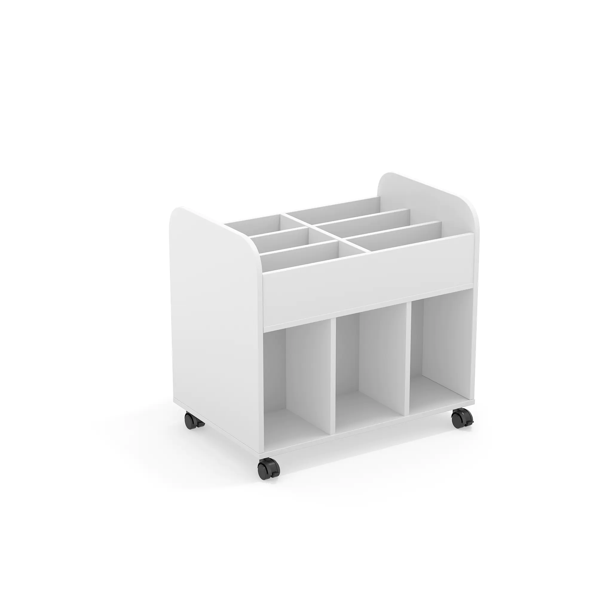 Bücherwagen, 77,5 cm hoch, B/T 84,0 x 56, cm, fahrbar, beideseitig nutzbar, Seitenblende Weiß, aus der Kategorie Bibliotheksinseln