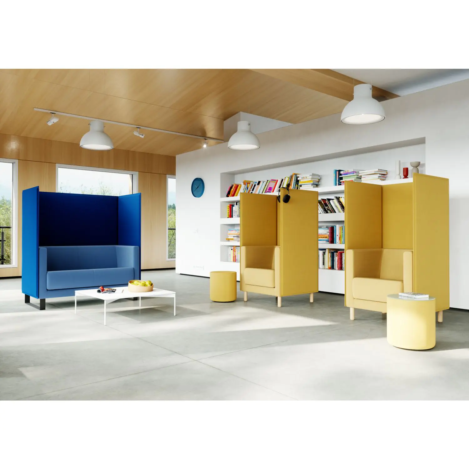 Akustik Sofa, 2,5-Sitzer, Gesamthöhe 140 cm, B/T 154x68 cm, 4-Fuß Gestell RAl 9006 aus der Kategorie Akustiksofa