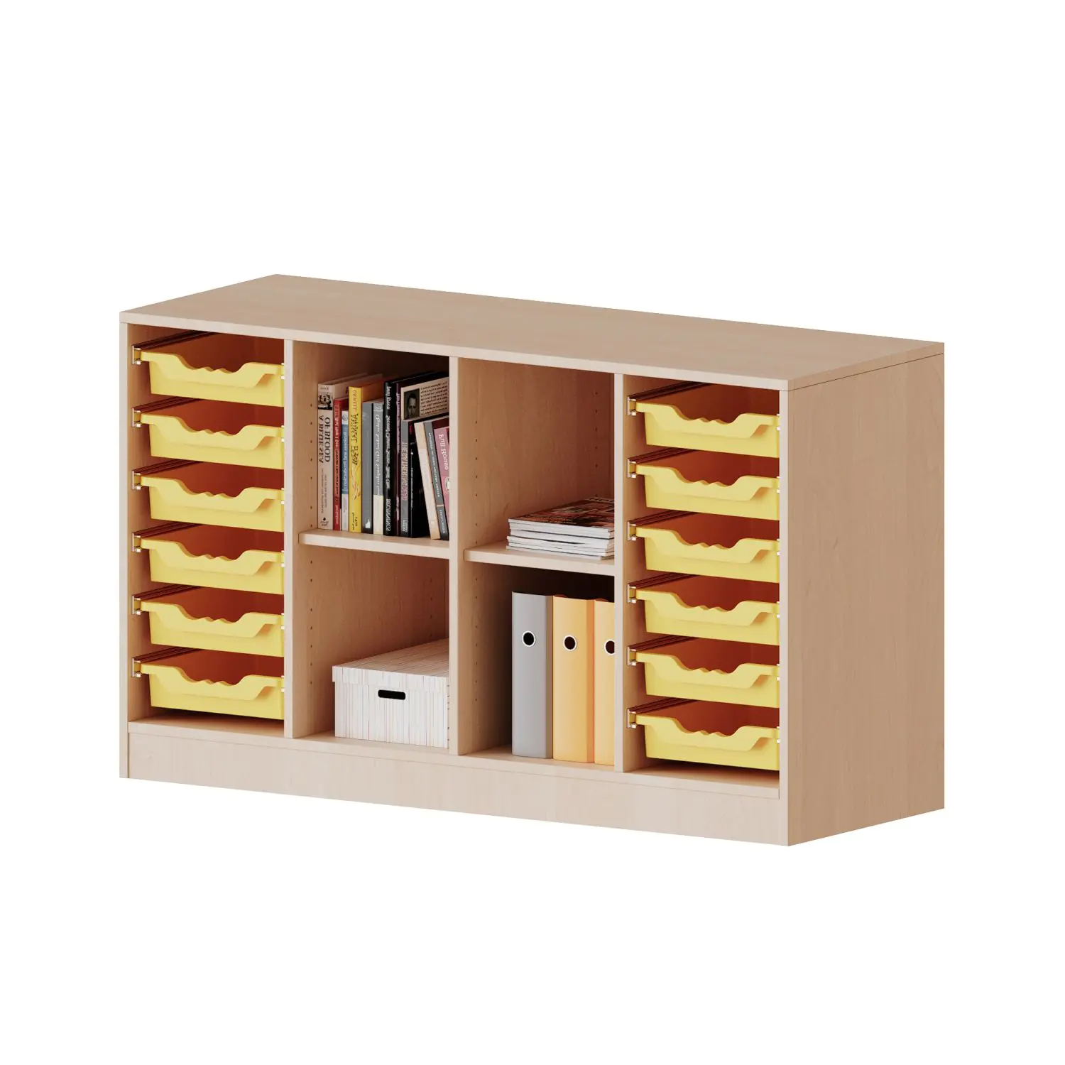 ErgoTray Regal, 4reihig, rechts+links je 6 flache Boxen, tig 4 offene Fächer, B/H/T 138,7x82x50cm aus der Kategorie Klassenraumregale