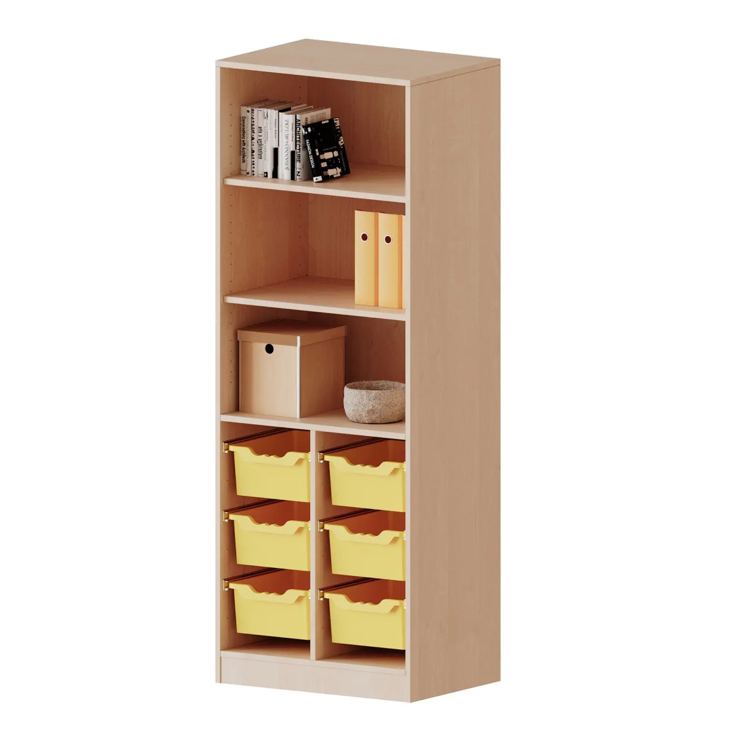 ErgoTray Regal, 2reihig, 5 OH, unten 6 hohe Boxen, oben 2 EB, B/H/T 70,3x190x40cm aus der Kategorie Klassenraumregale