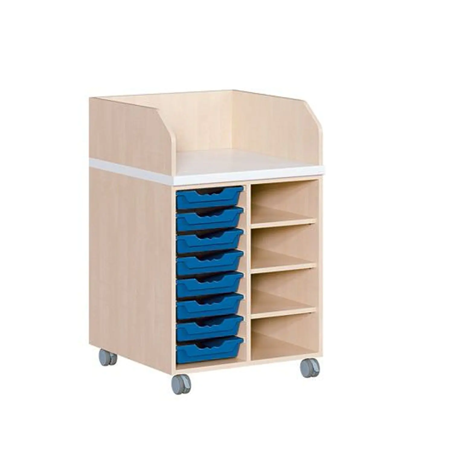 Wickelkommoden mit 8 flachen ErgoTray Boxen, Regal rechts 3 EB, fahrbar aus der Kategorie Schlafen + Wickeln