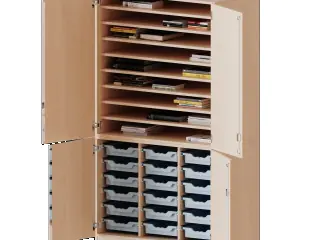 Bastelschrank, 5 OH, 4-türiger Schrank mit 18 flachen Boxen, zweiteilig, B/H/T 104,5x190x65cm aus der Kategorie Papierschränke