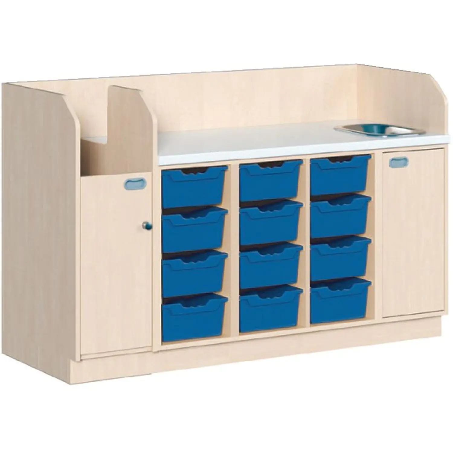 Wickelkommoden mit fester Anstelltreppe links, 12 hohen ErgoTray Boxen aus der Kategorie Wickeltische