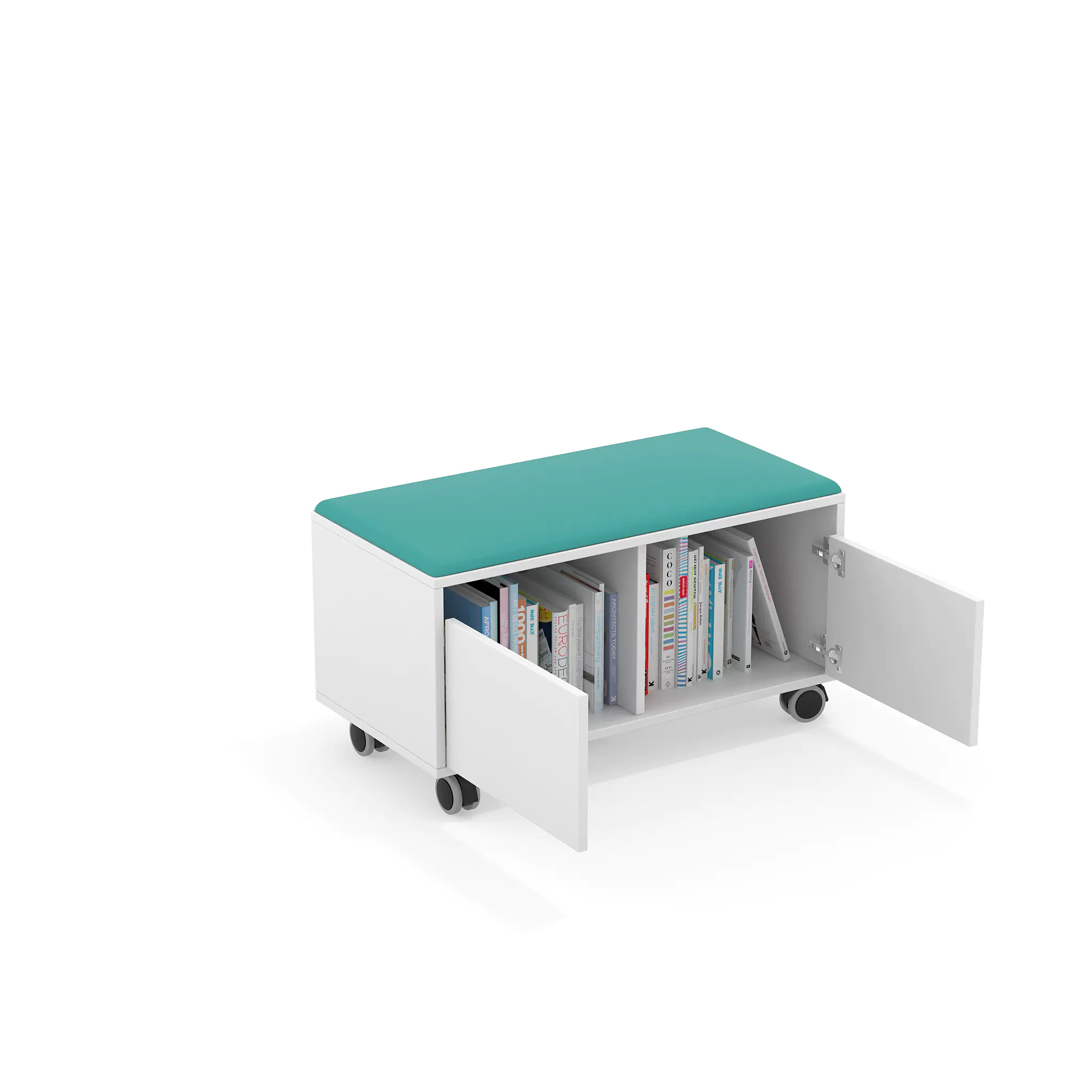 Bücherwagen als Sitzbank, 50 cm hoch, B/T 90,0 x 47,0 cm, Korpus Weiß, Polster Türkis, fahrbar,  aus der Kategorie Bibliotheksinseln