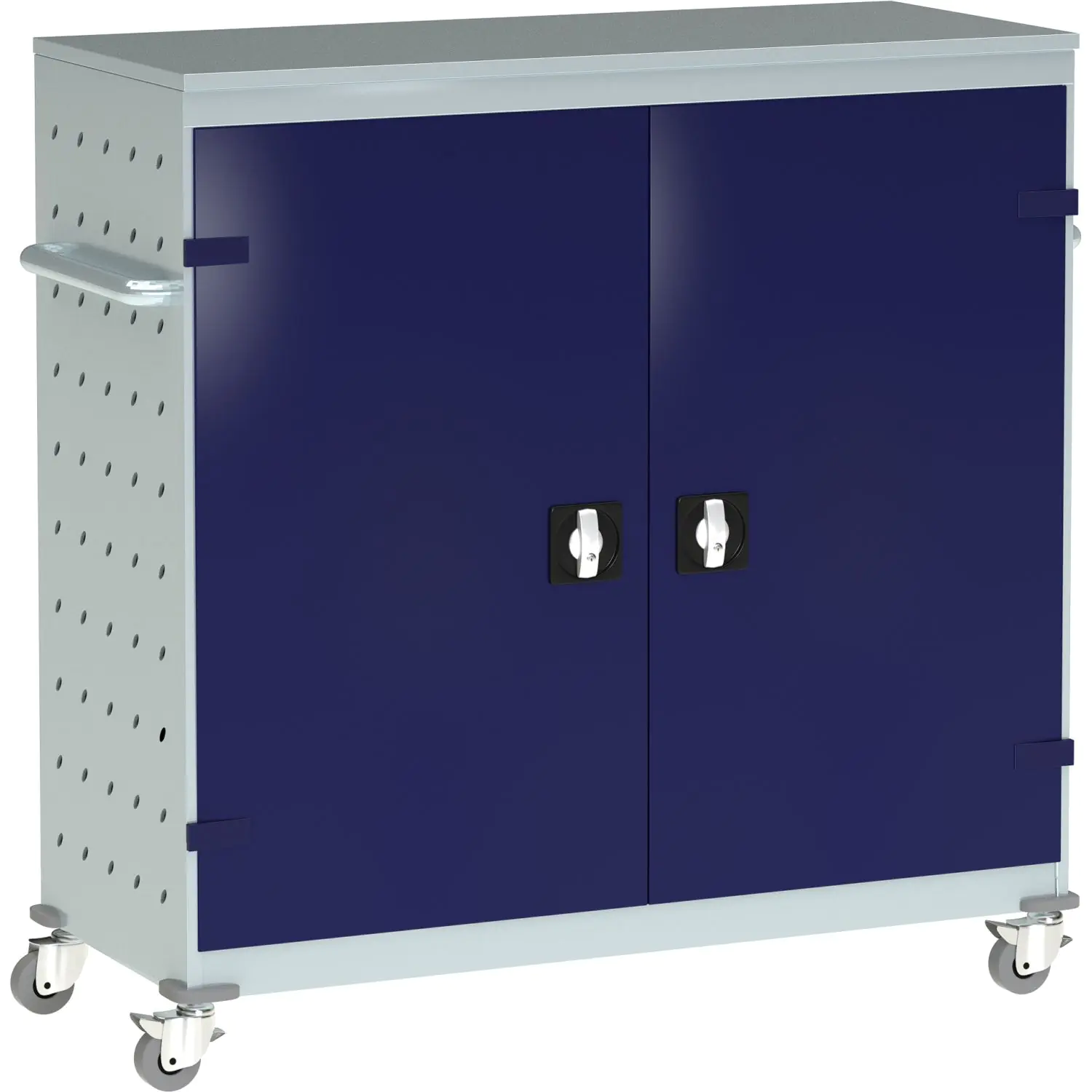 Notebook-Ladestation, 125 cm hoch, 131x50 cm (B/T), fahrbar, Korpus aus Stahl, aus der Kategorie Notebookschränke