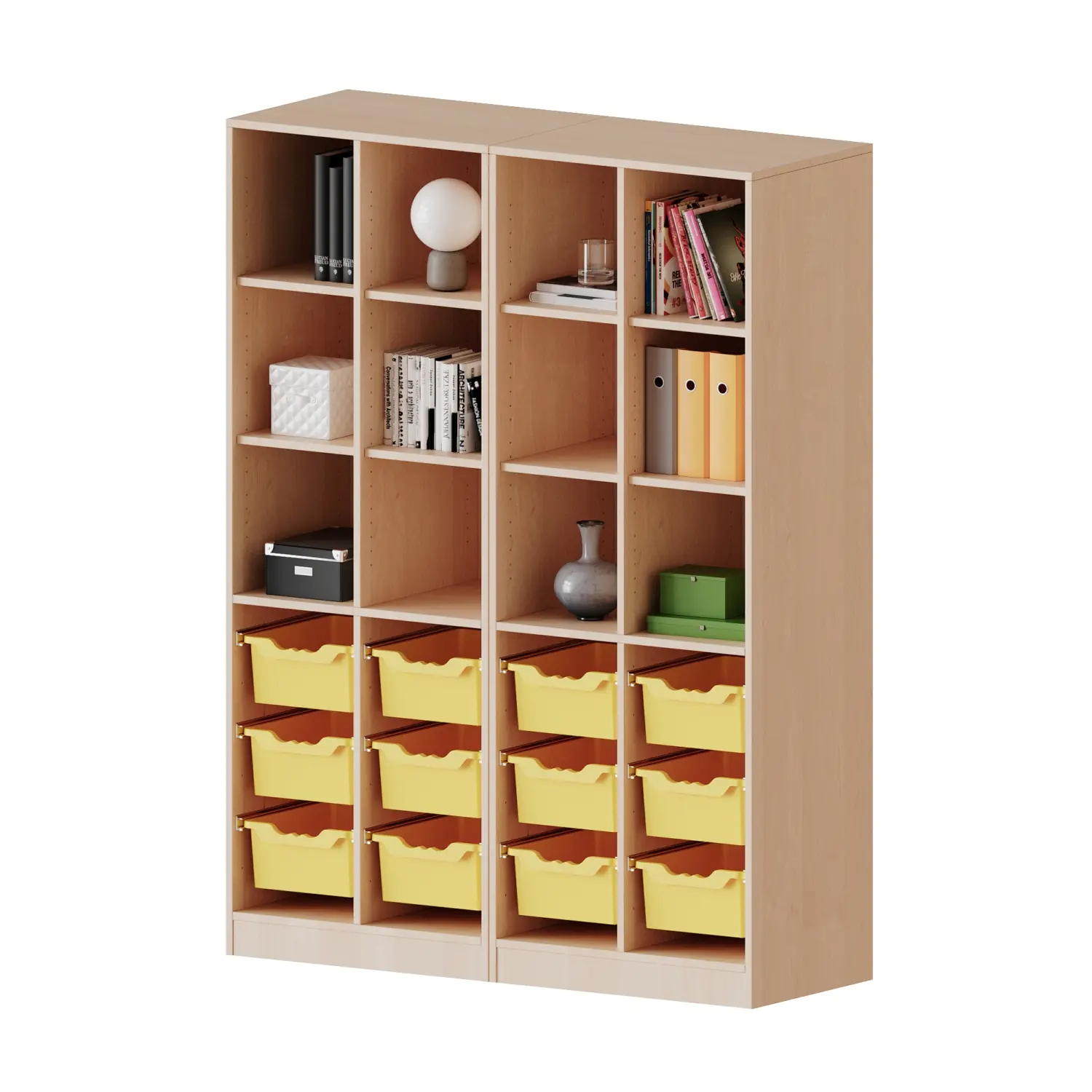 ErgoTray Regal, 4reihig, 5 OH, zweiteilig, unten 12 hohe Boxen, oben 8 EB, B/H/T 140,6x190x40cm aus der Kategorie Klassenraumregale