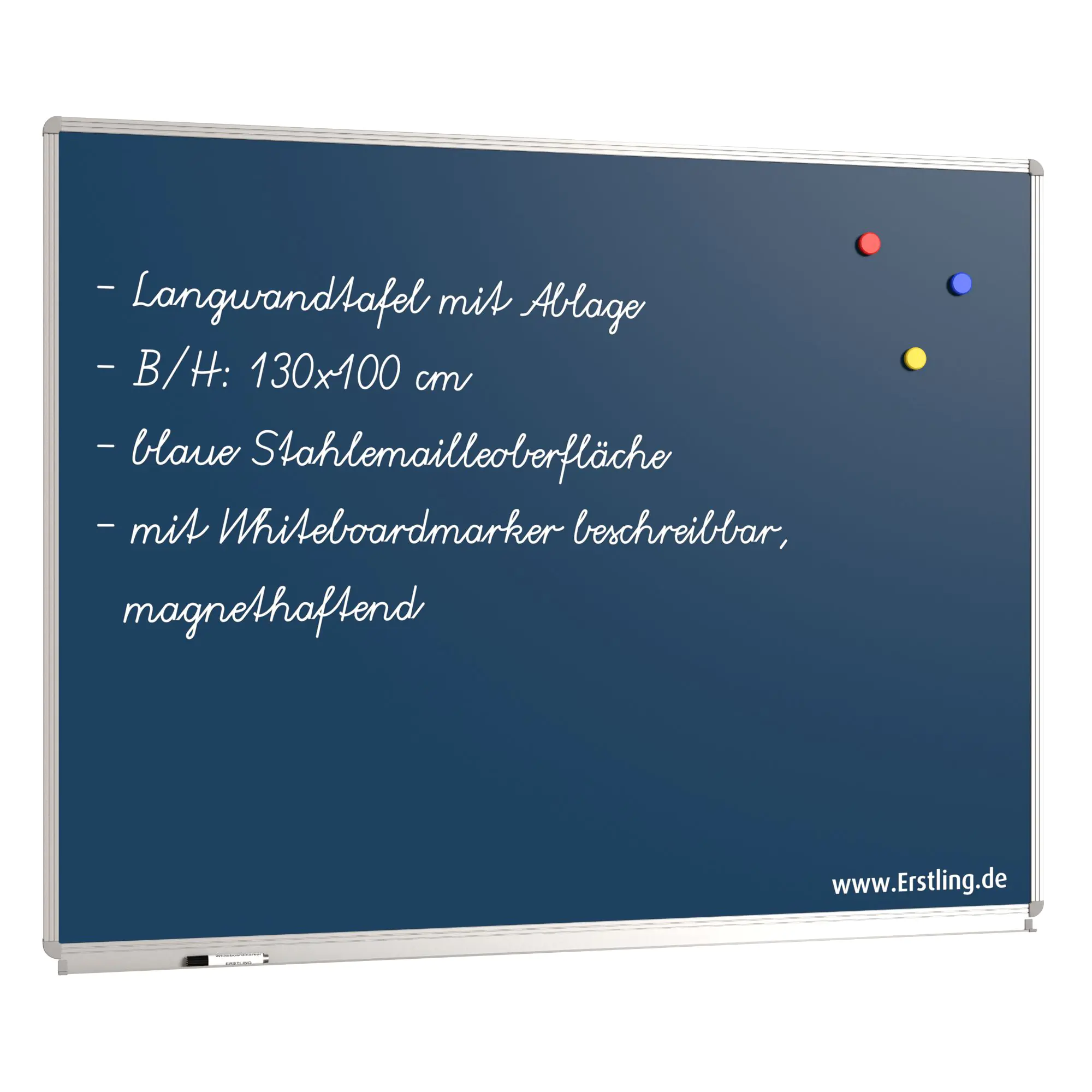 Wandtafel Stahlemaille blau, 130x100 cm, mit durchgehender Ablage, aus der Kategorie Wandtafeln Blau