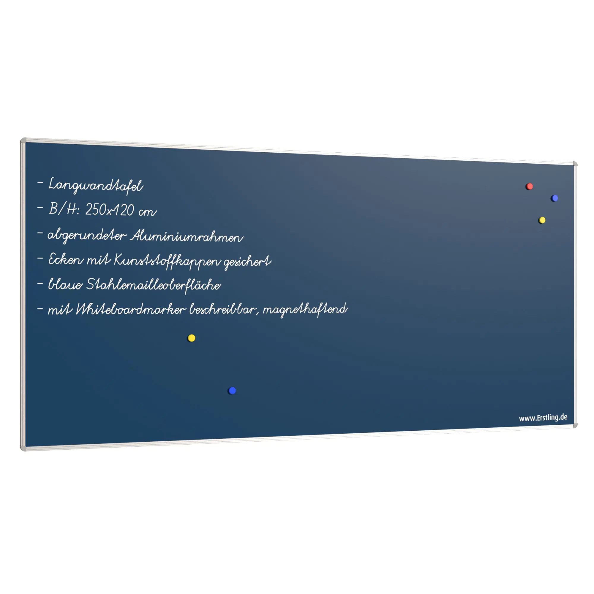Wandtafel Stahlemaille blau, 250x120 cm, ohne Kreideablage, aus der Kategorie Wandtafeln Blau