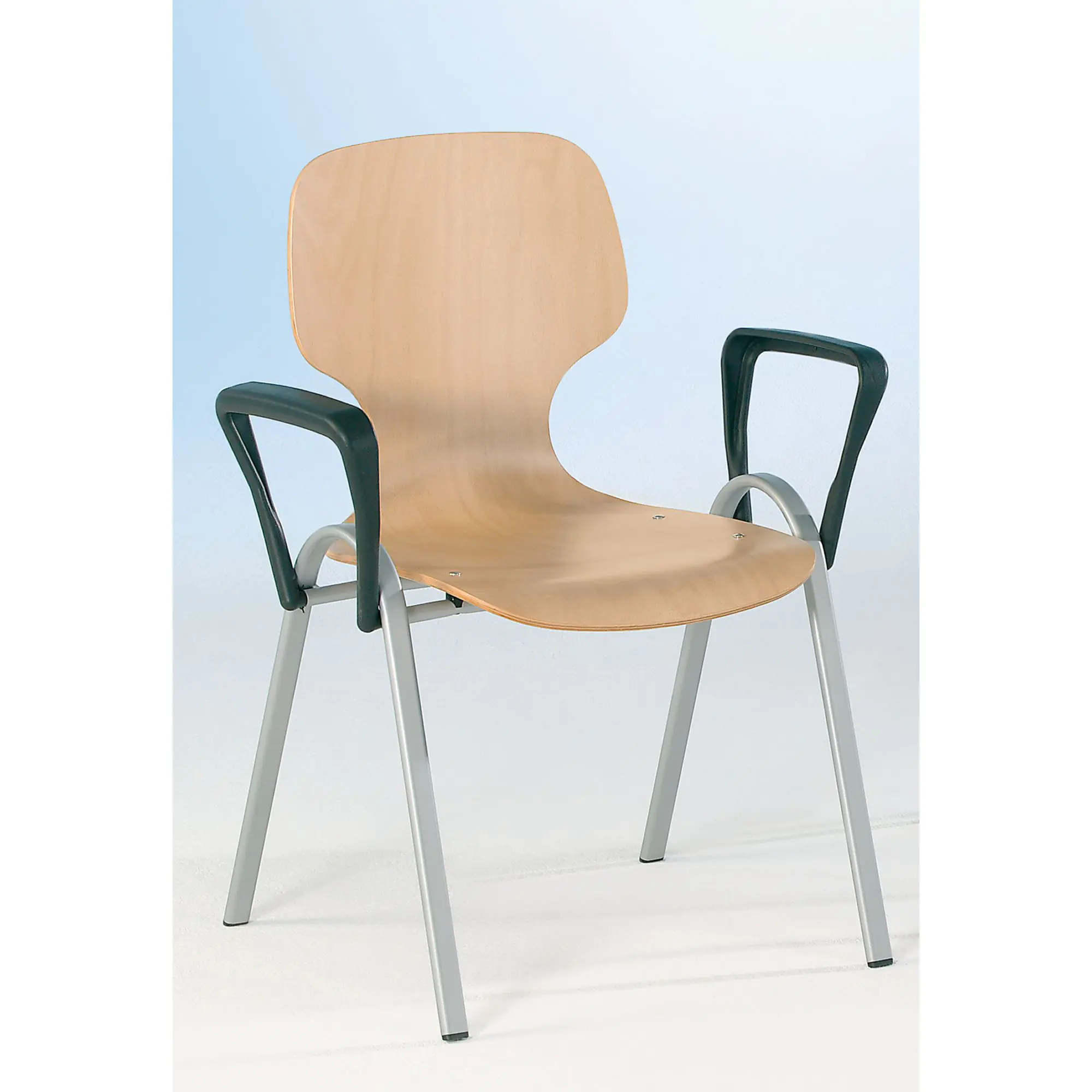 Schalenstuhl mit Armlehne, aus der Kategorie Gestell Metall - Schale Holz