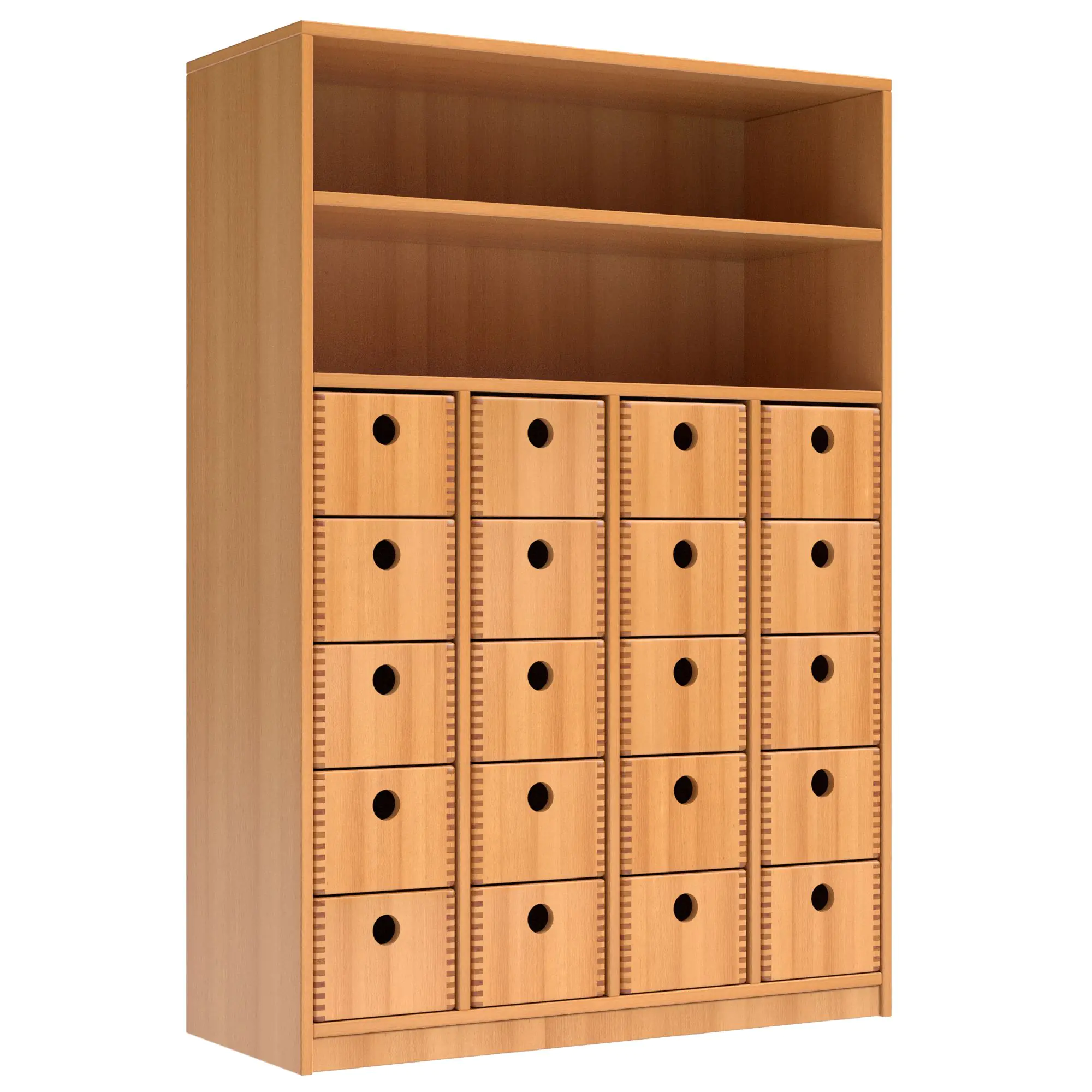 Schrank mit 20 Massivholzkästen, 144 cm hoch, 100x40 cm (B/T), Regalaufsatz aus der Kategorie Massivholzschränke