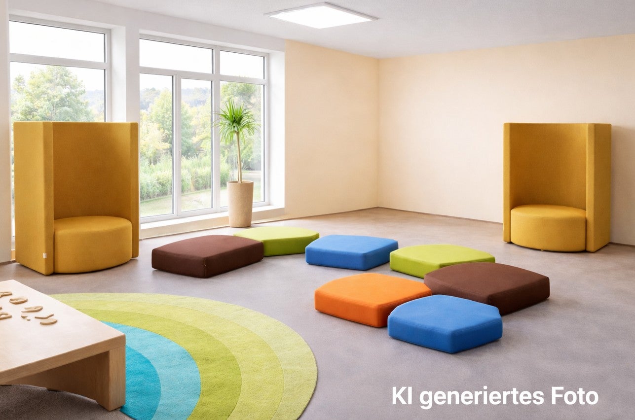 Leselanschaft besteht aus 7 Polsterelementen in asymetrischen- und Wabenformen, Bezug Kunstleder aus der Kategorie Akustiksofa