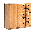 Schrank mit 10 Massivholzkästen,  98 cm hoch, 100x40 cm (B/T), abschließbare Tür, aus der Kategorie -Schränke mit Massivholzkästen