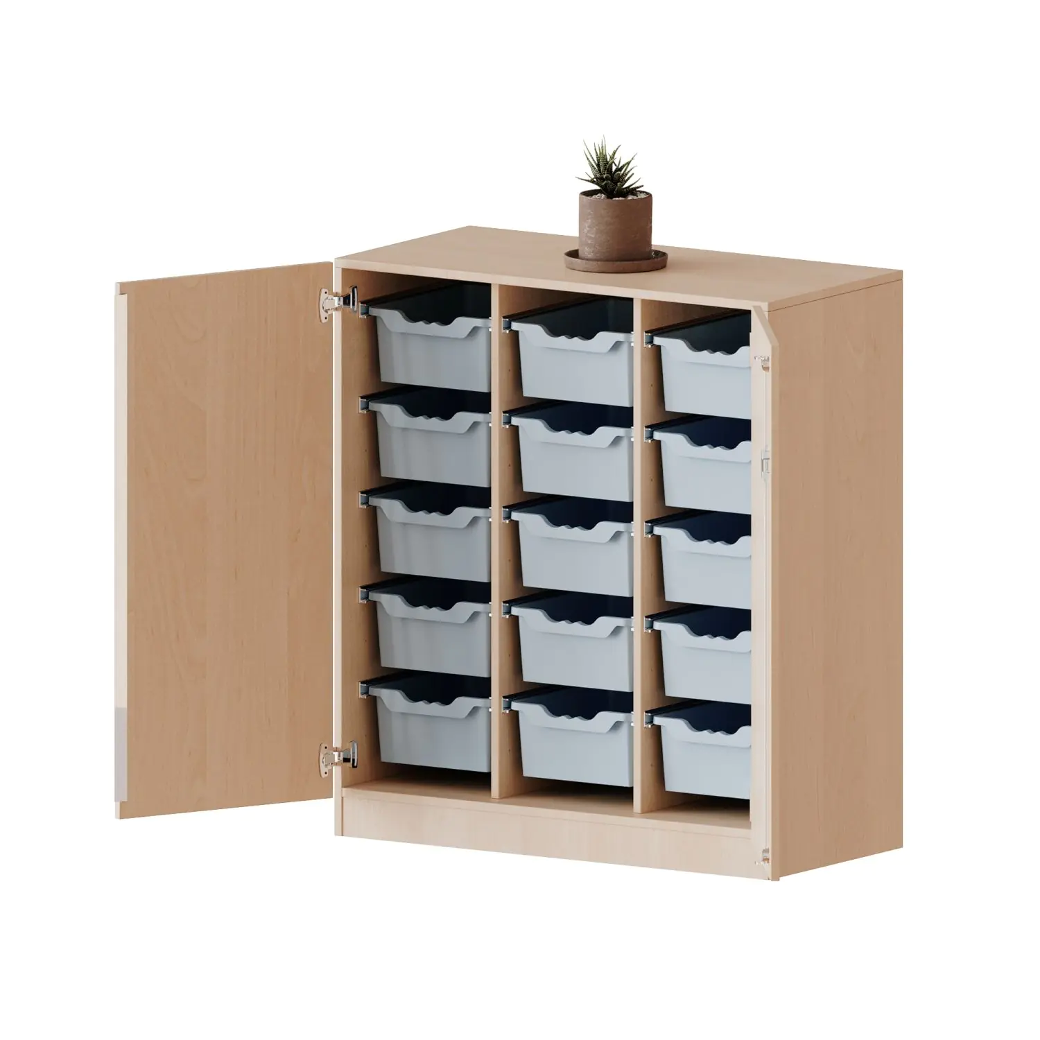ErgoTray Schrank, 3reihig, 3 OH, zweitürig, fahrbar, mit 15 hohen Boxen, B/H/T 104,5x118x50cm aus der Kategorie Schränke