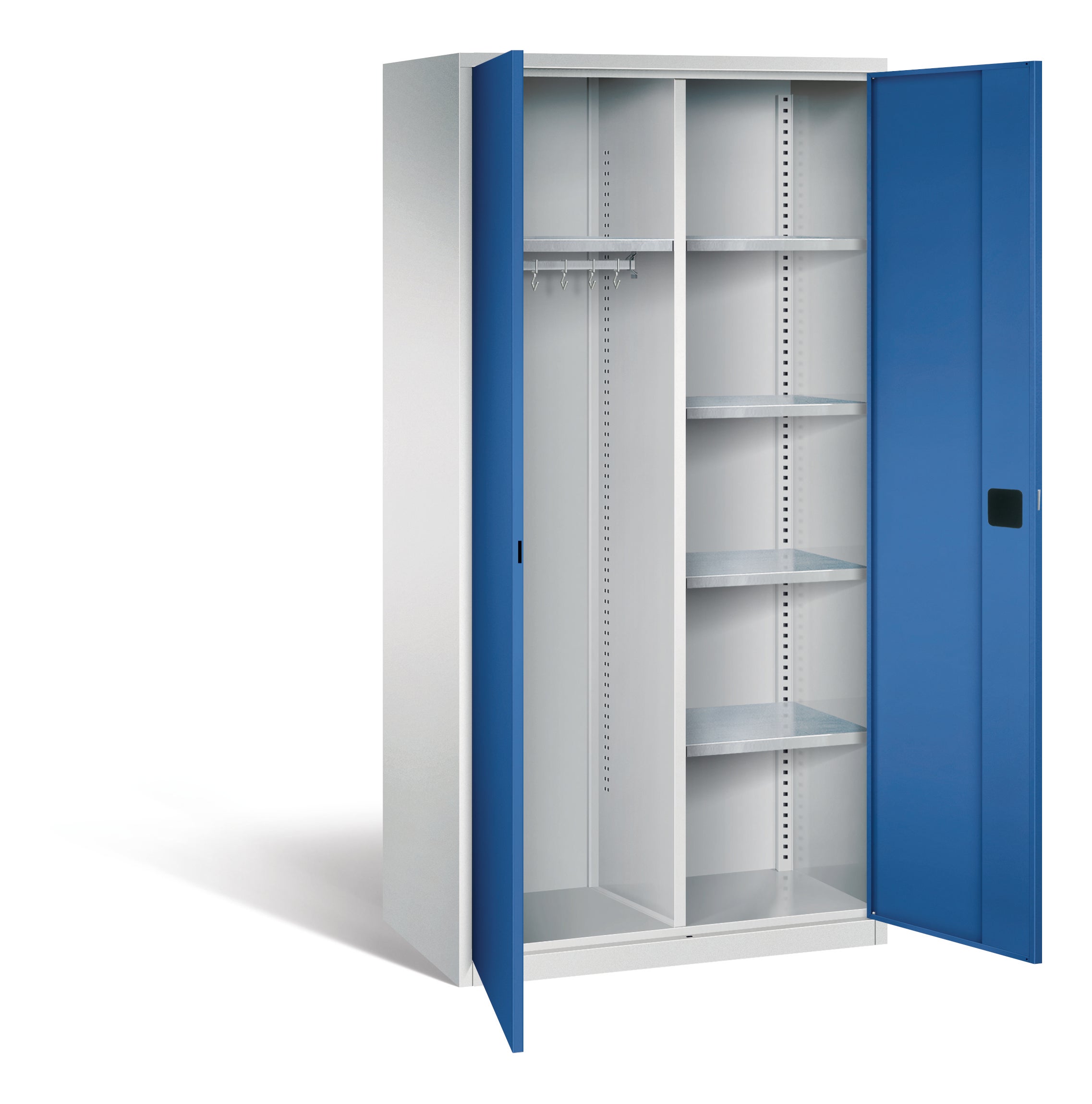 Garderobenschrank aus Stahl, 195 cm hoch,  95x50 cm (B/T), 4 Böden, Garderobe links,