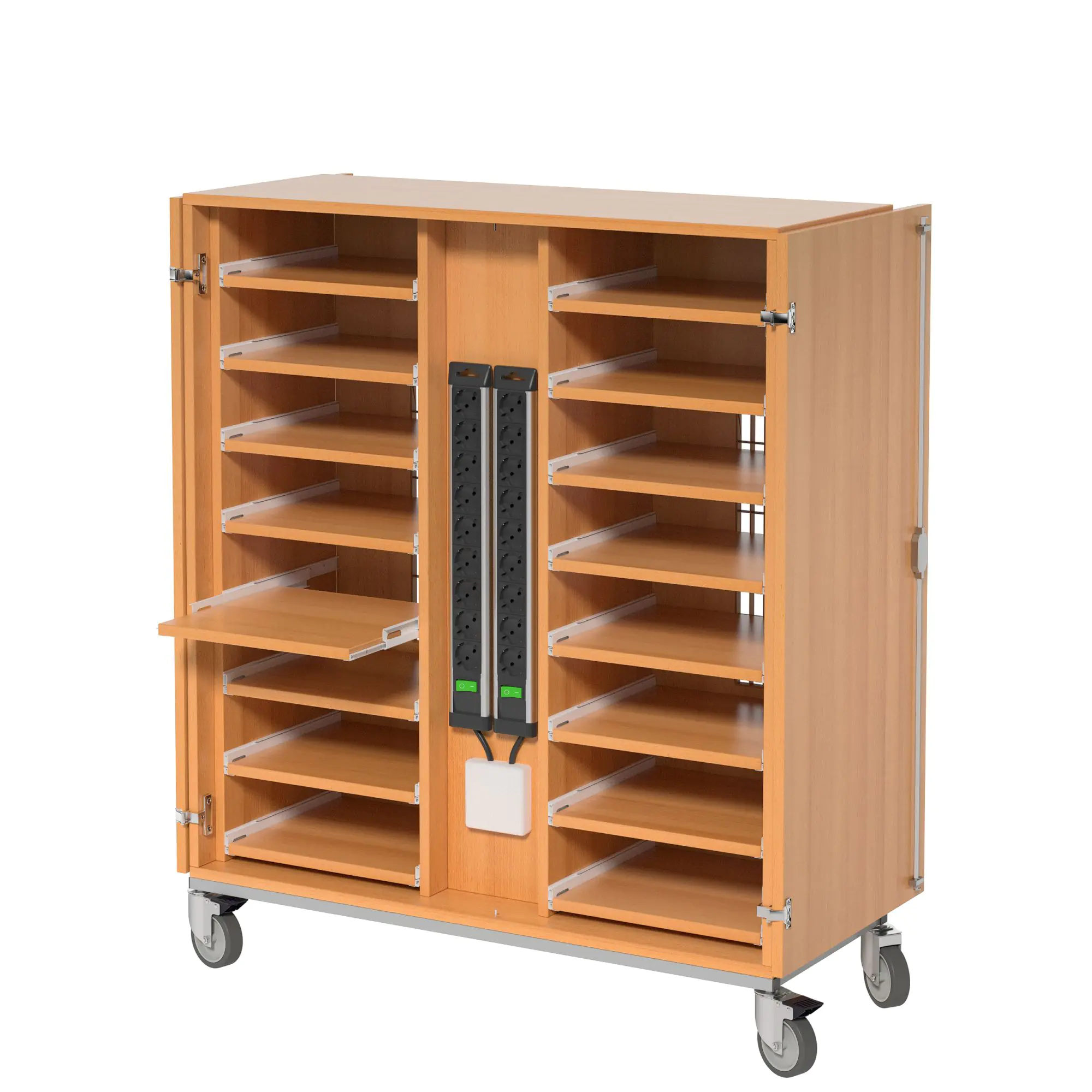 Notebook-Ladestation, 125 cm hoch, 110x42 cm (B/T), fahrbar, aus der Kategorie Notebookschränke