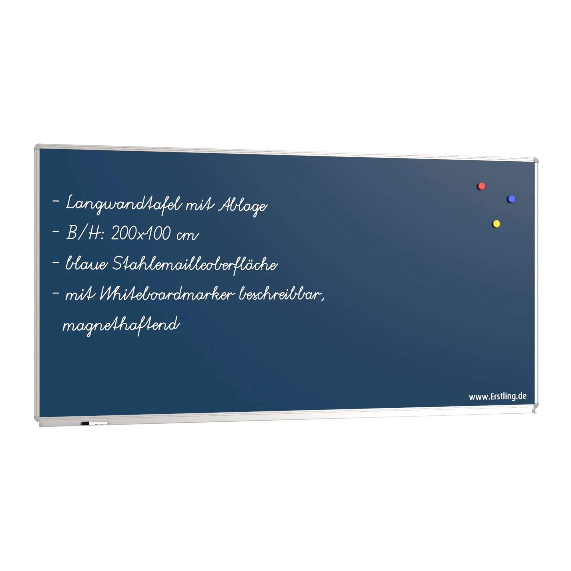Wandtafel Stahlemaille blau, 200x100 cm, mit durchgehender Ablage, aus der Kategorie Wandtafeln Blau
