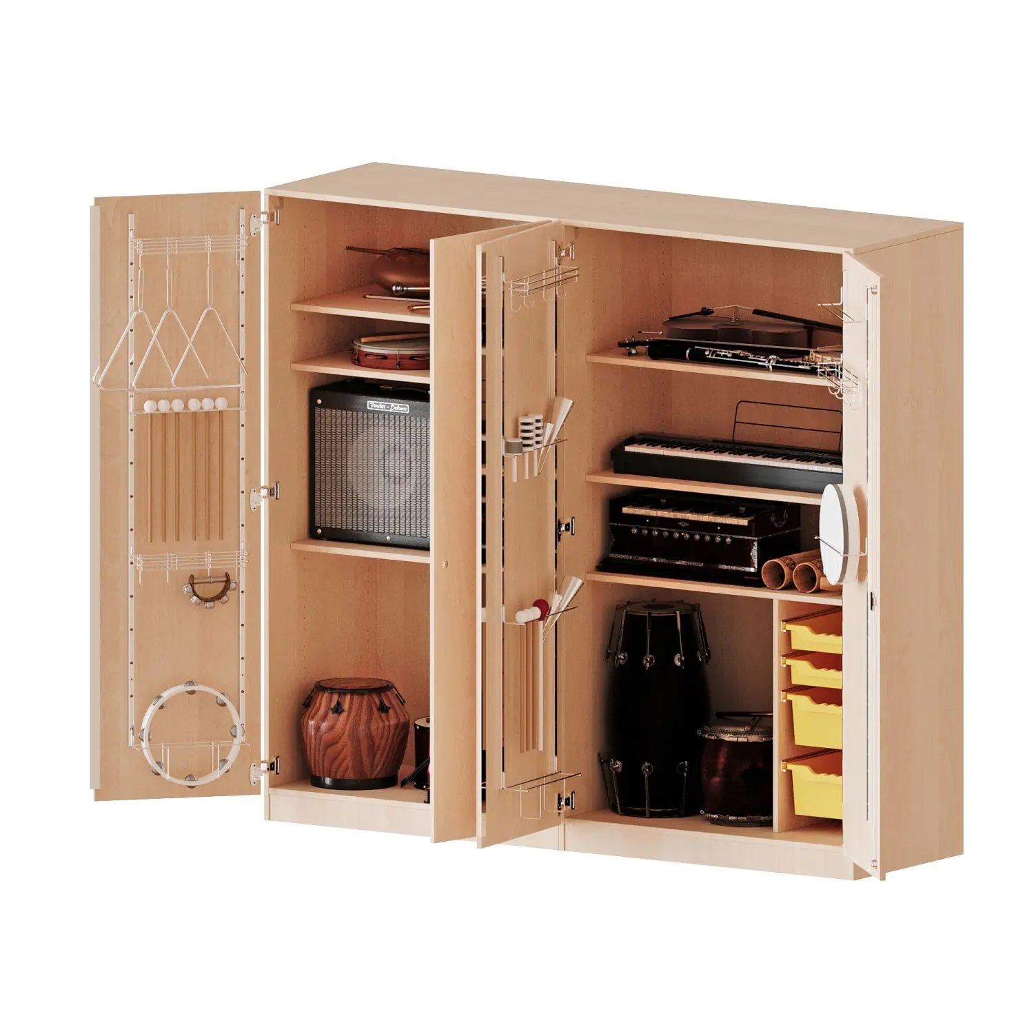Musikschrank, 5 OH, zweiteilig, Türen mit Instrumentenhalterungen, mit 3 Boxen, B/H/T 209,x190x60cm aus der Kategorie Fachbereichsschränke
