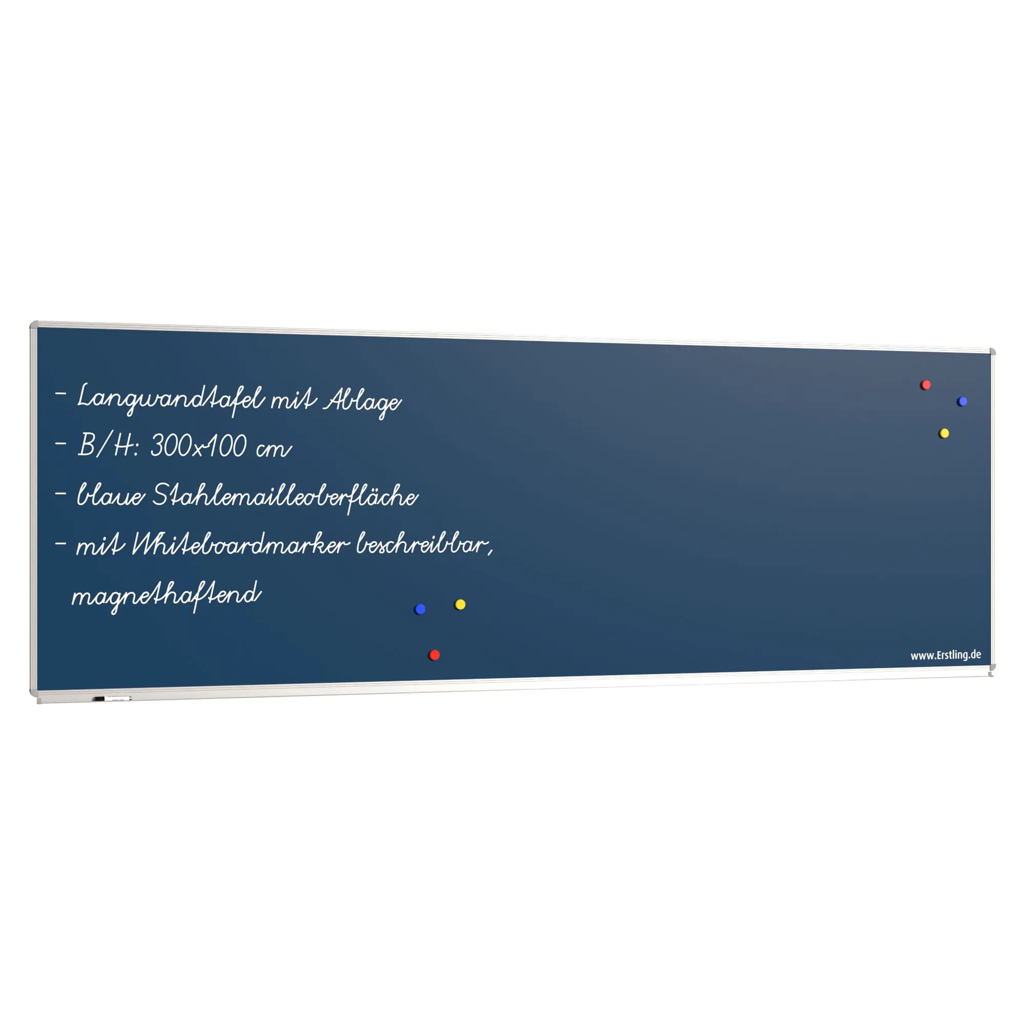 Wandtafel Stahlemaille blau, 300x100 cm, mit durchgehender Ablage, aus der Kategorie Wandtafeln Blau