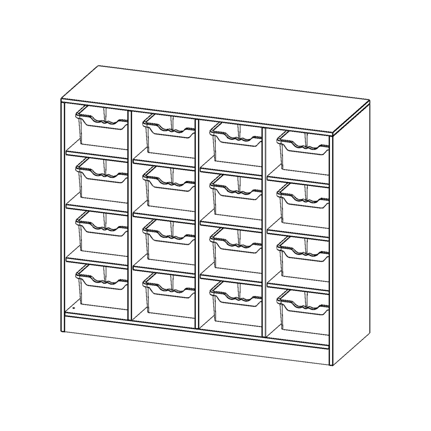 Taschenregal, 3 OH, 16 halbhohe Fächer, je mit einer hohen Box, B/H/T 138,7x118x50cm aus der Kategorie Schulranzenregale