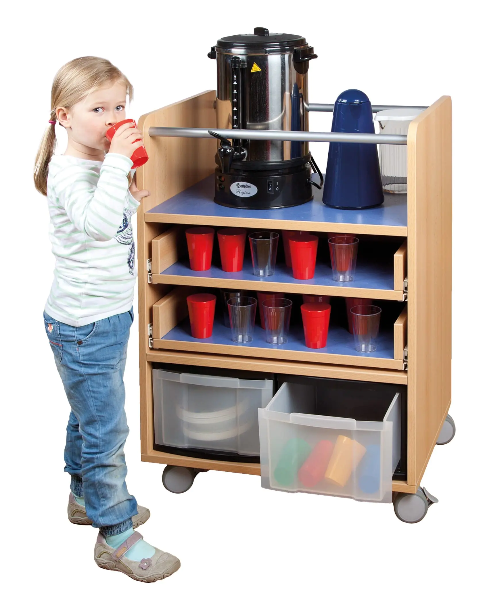 Mobile Servicestation Platz für 2 große Kannen. Unten 2 hohe, transparente aus der Kategorie Küchen
