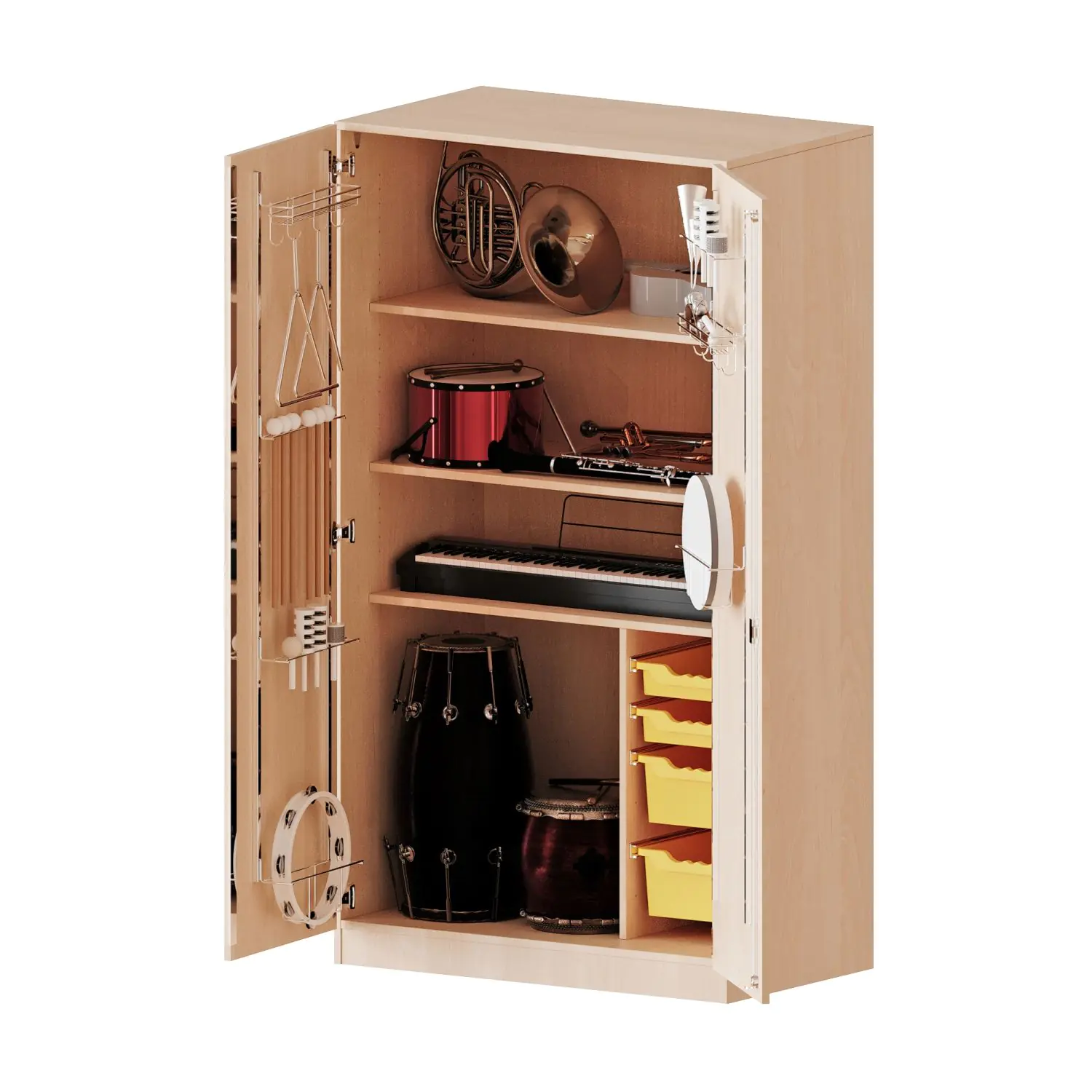 Musikschrank, 5 OH, Türen mit Instrumentenhalterungen, mit 4 Boxen, B/H/T 104,5x190x60cm aus der Kategorie Fachbereichsschränke