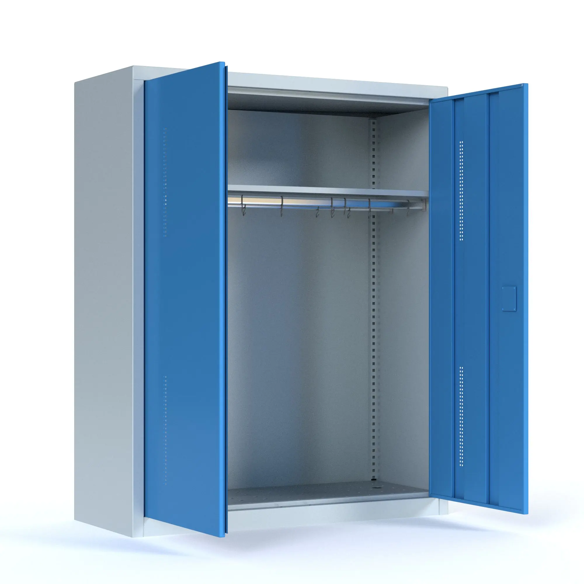Garderobenschrank aus Stahl, 150 cm hoch, 120x50 cm (B/T), 1 Kleiderstange, 14 Haken