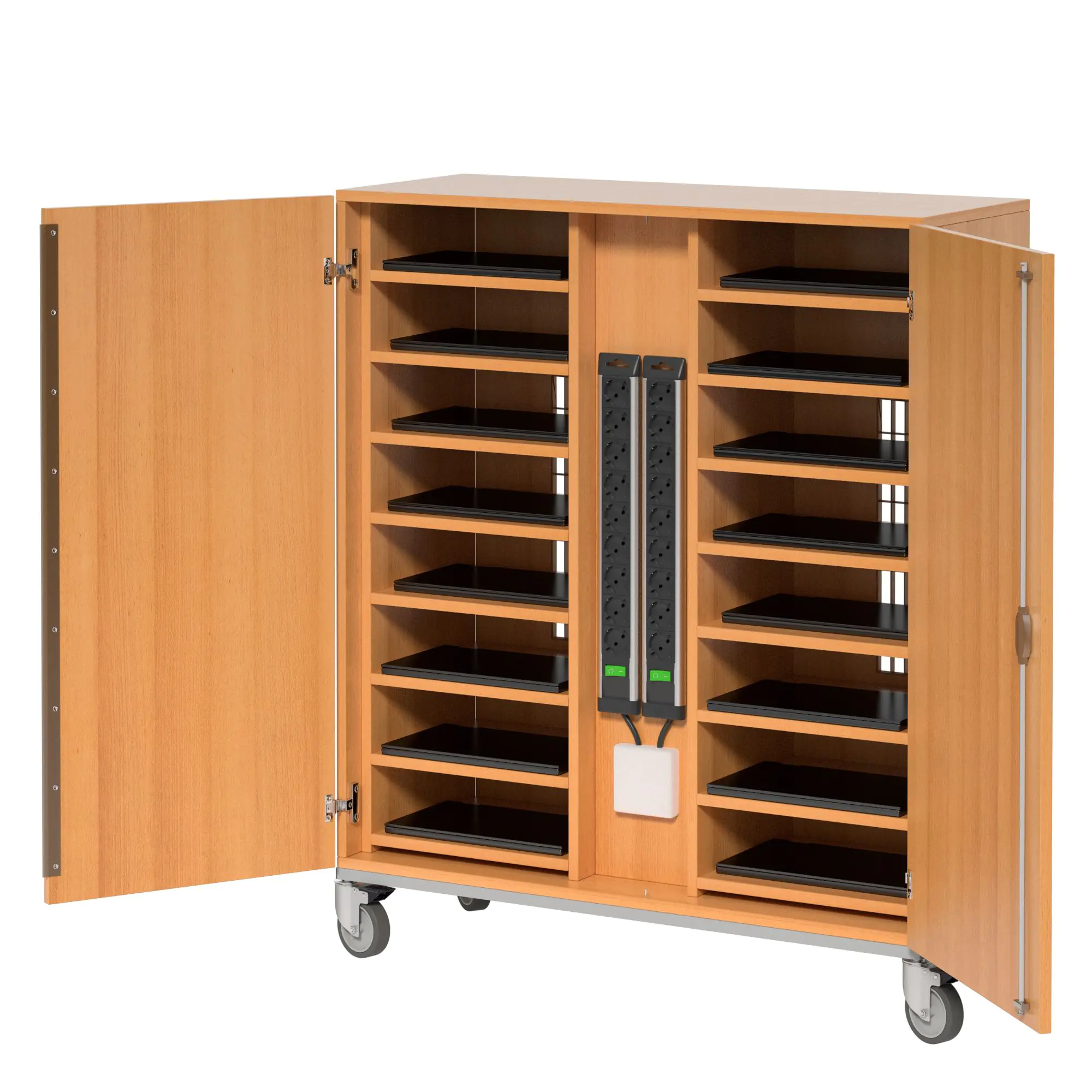 Notebook-Ladestation, 125 cm hoch, 110x42 cm (B/T), fahrbar, aus der Kategorie Notebookschränke