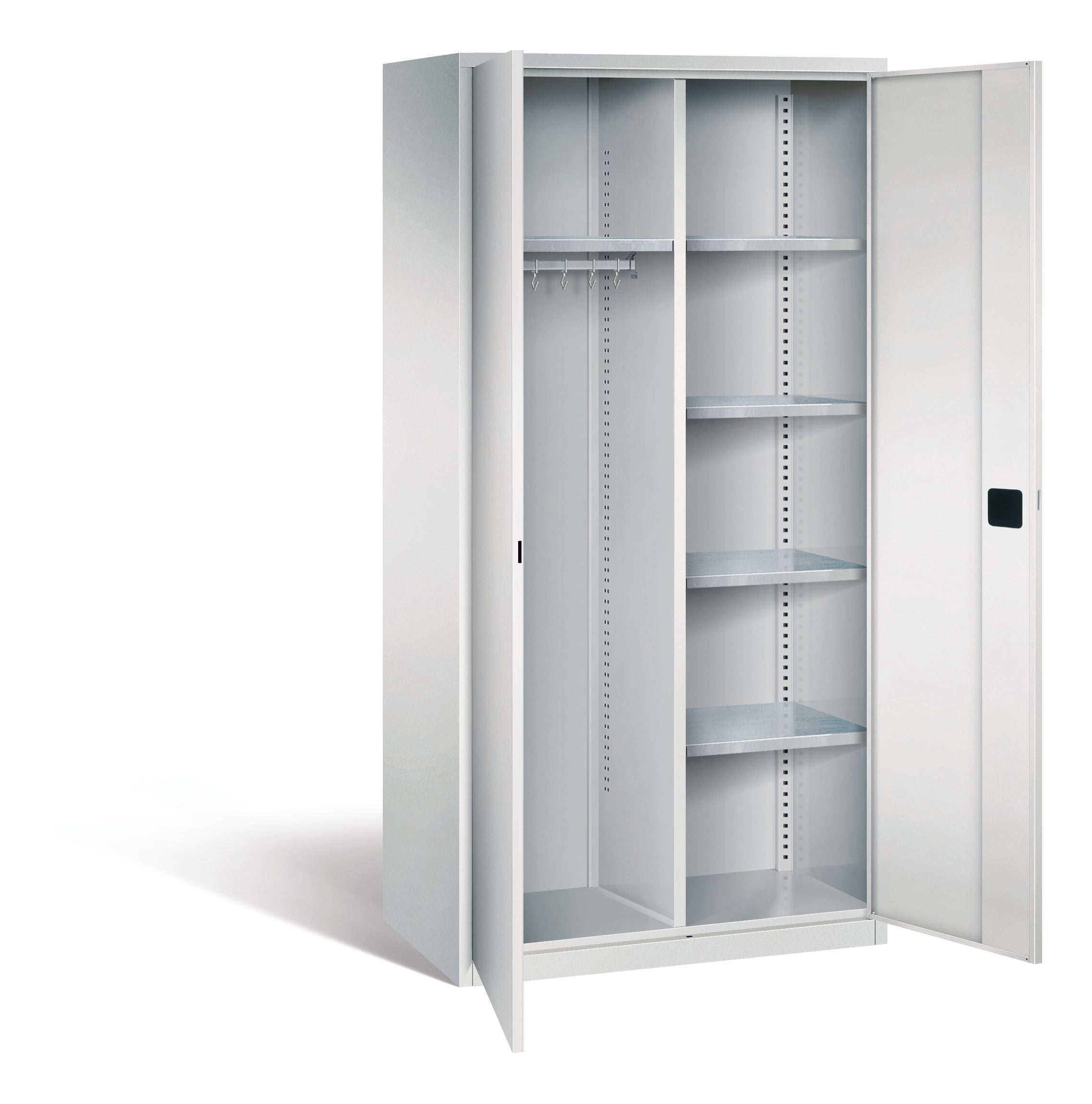 Garderobenschrank aus Stahl, 195 cm hoch,  95x50 cm (B/T), 4 Böden, Garderobe links, aus der Kategorie Garderoben Schränke STAHL