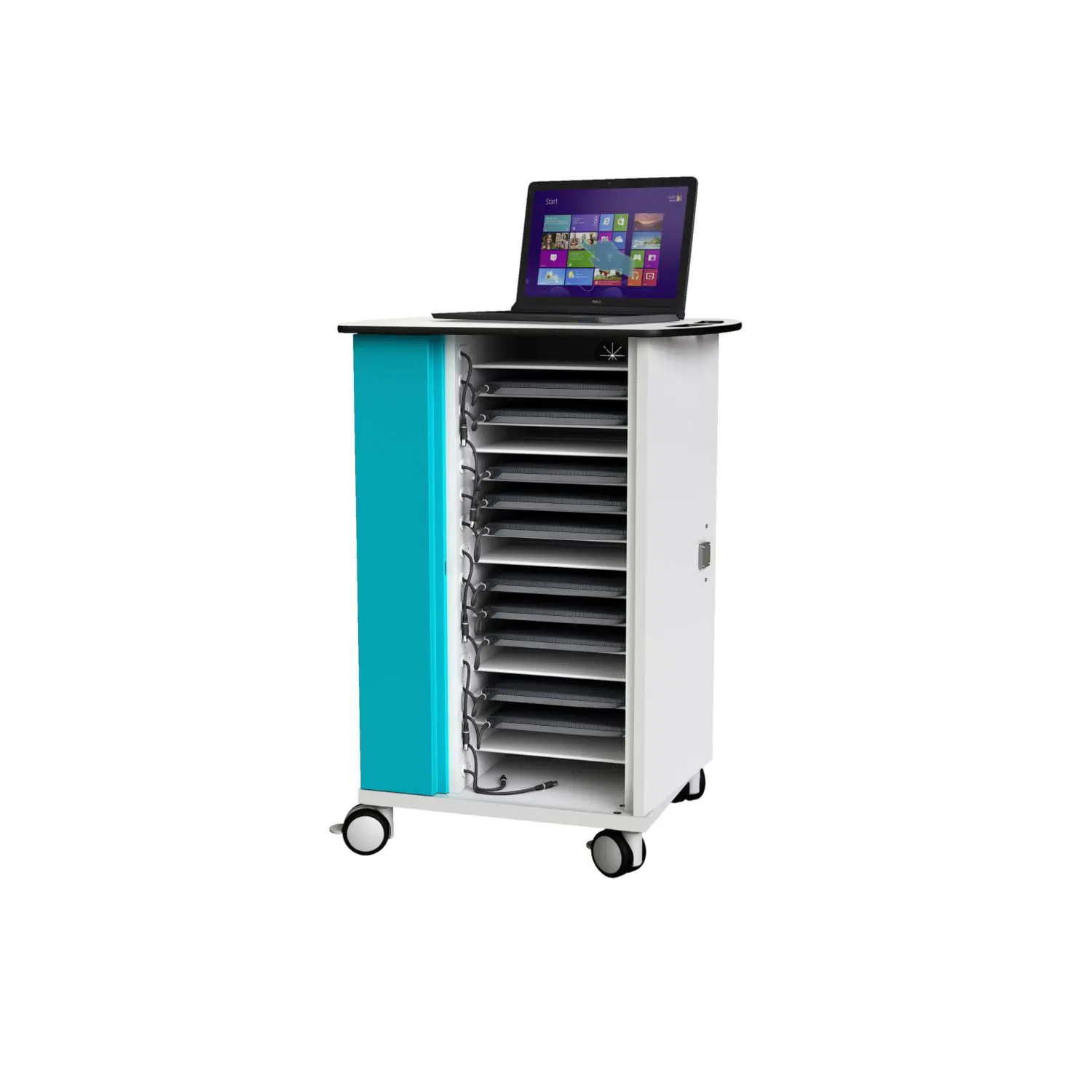 Laptop Ladewagen, 16 Geräte, SchuKo Steckdose, B/H/T 68x95x55 cm, abschlißbar, fahrbar aus der Kategorie Funktionale Tische