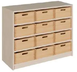 Schrank mit 12 großen Massivholzkästen ohne Sichtfenster, Kästen mit Schonboden aus der Kategorie Regale & Ablagen 