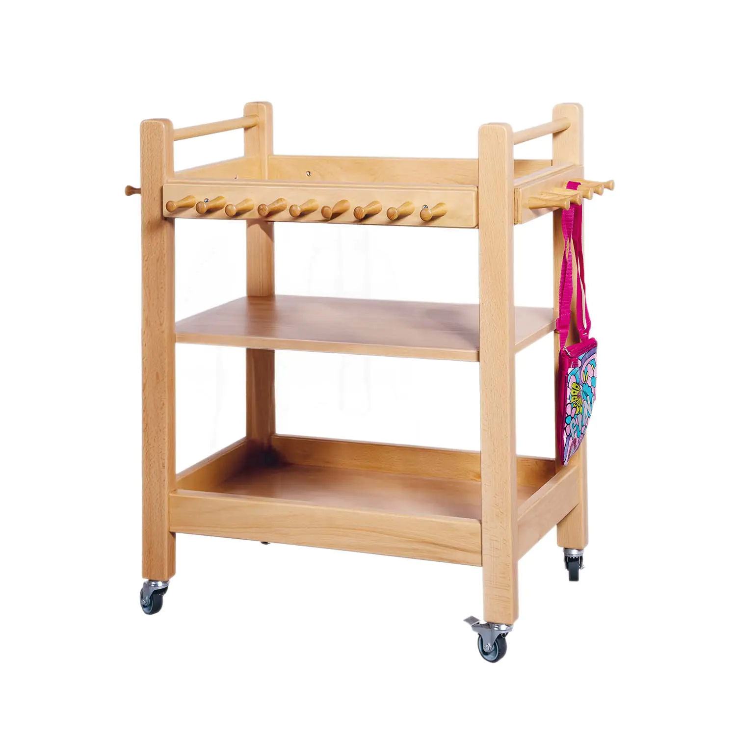 Taschenwagen mit 28 Holzhaken zum Aufhängen der Brottaschen. aus der Kategorie Garderobenmöbel