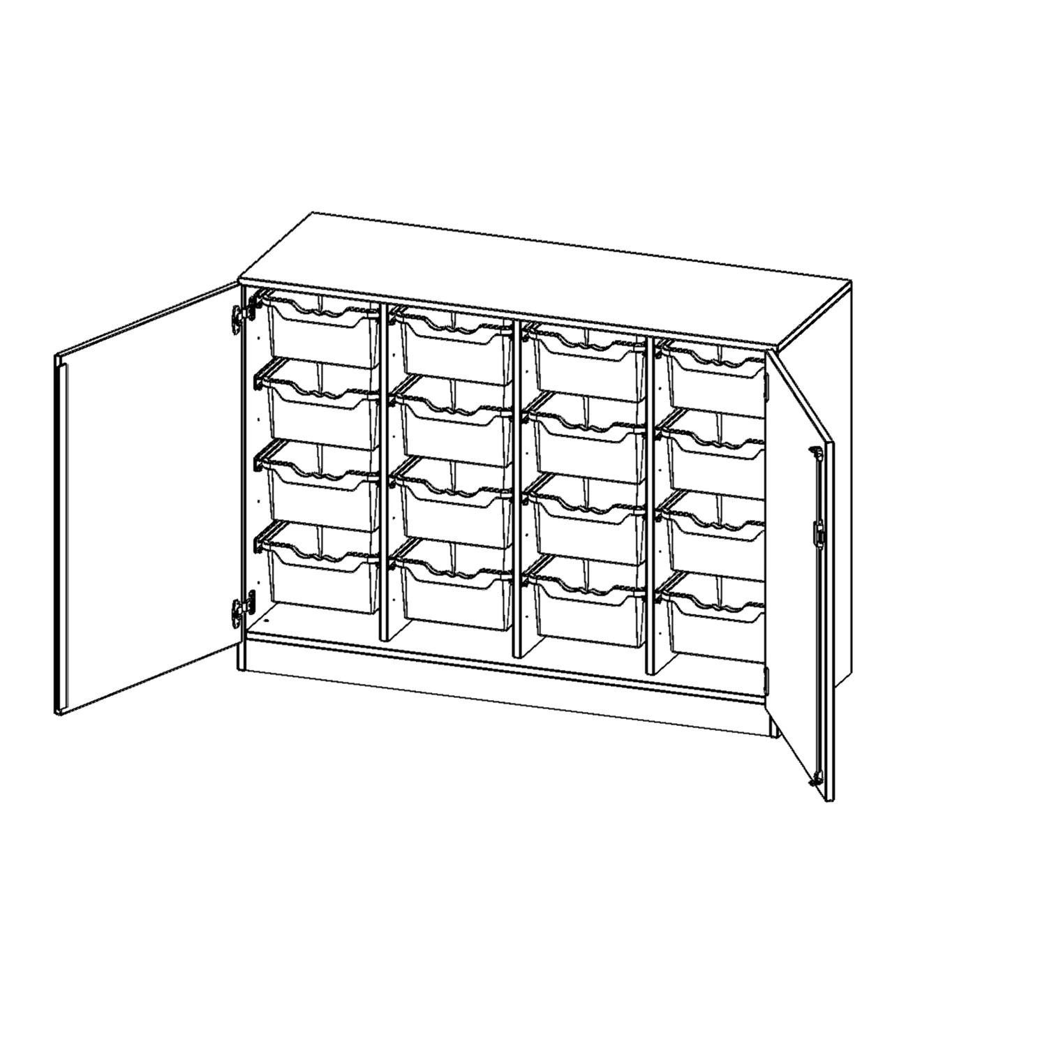 ErgoTray Schrank, 4reihig, 2,5 OH, zweiteilig, zweitürig, mit 16 hohen Boxen, B/H/T 138,7x100x50cm aus der Kategorie Klassen- und Schulschränke